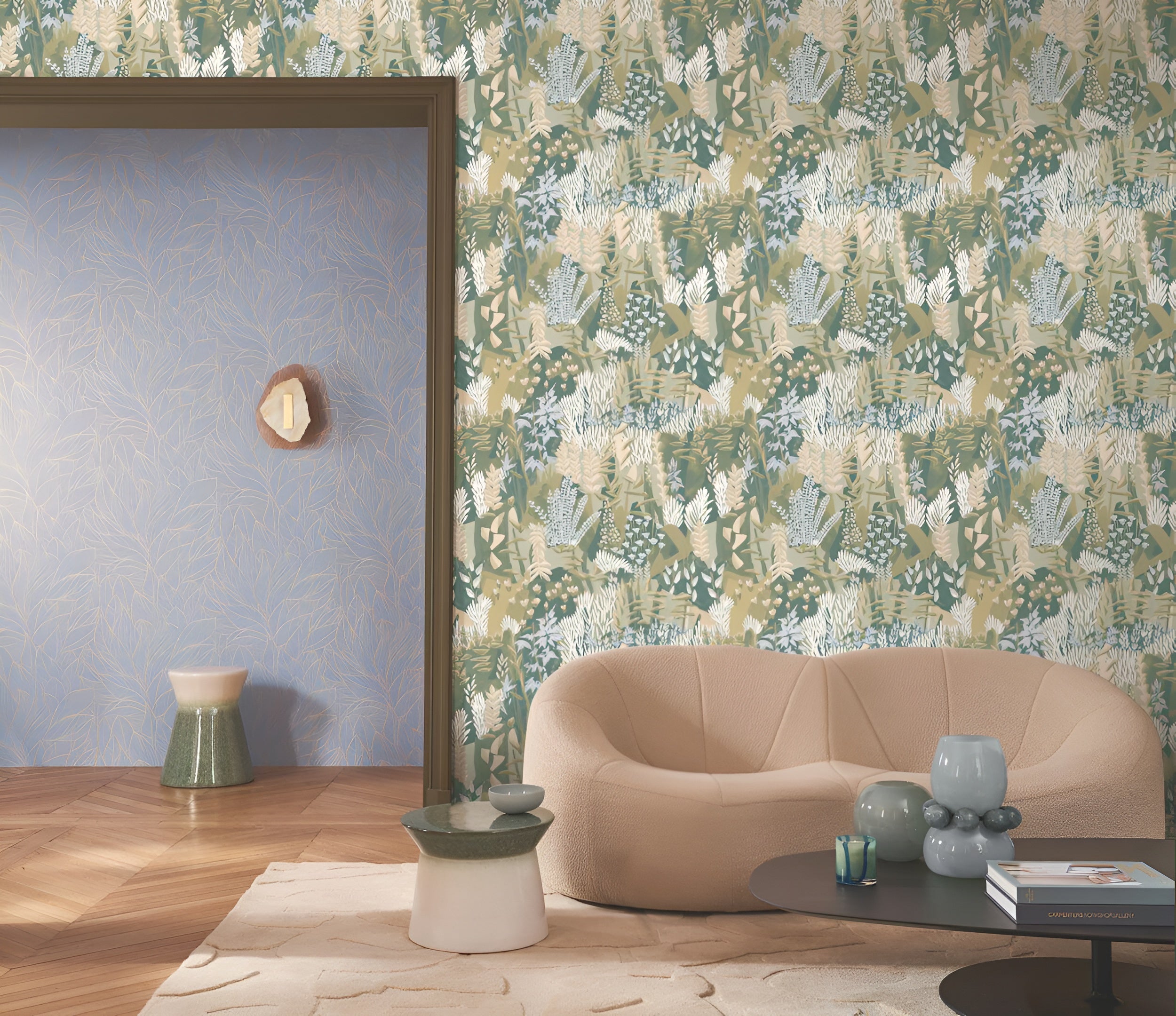 Plant-themed wallpaper with leaves and flowers ERICA - JASPE/MORDORÉ green