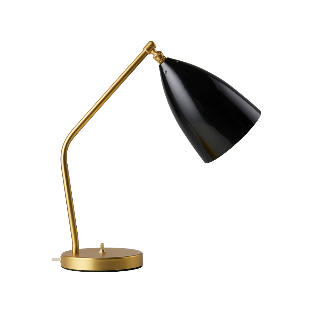 GRÄSHOPPA table lamp with a black glossy shade and a gold base