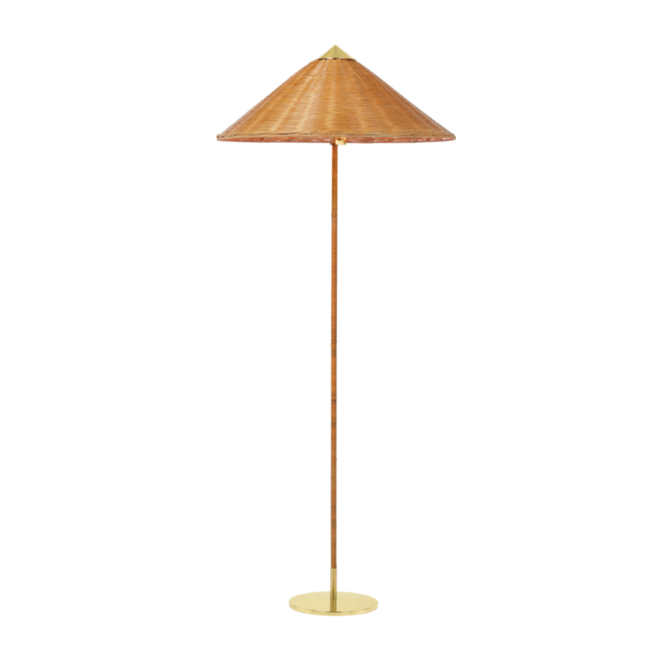 Stojací lampa 9602 mosaz s ratanovým stínidlem