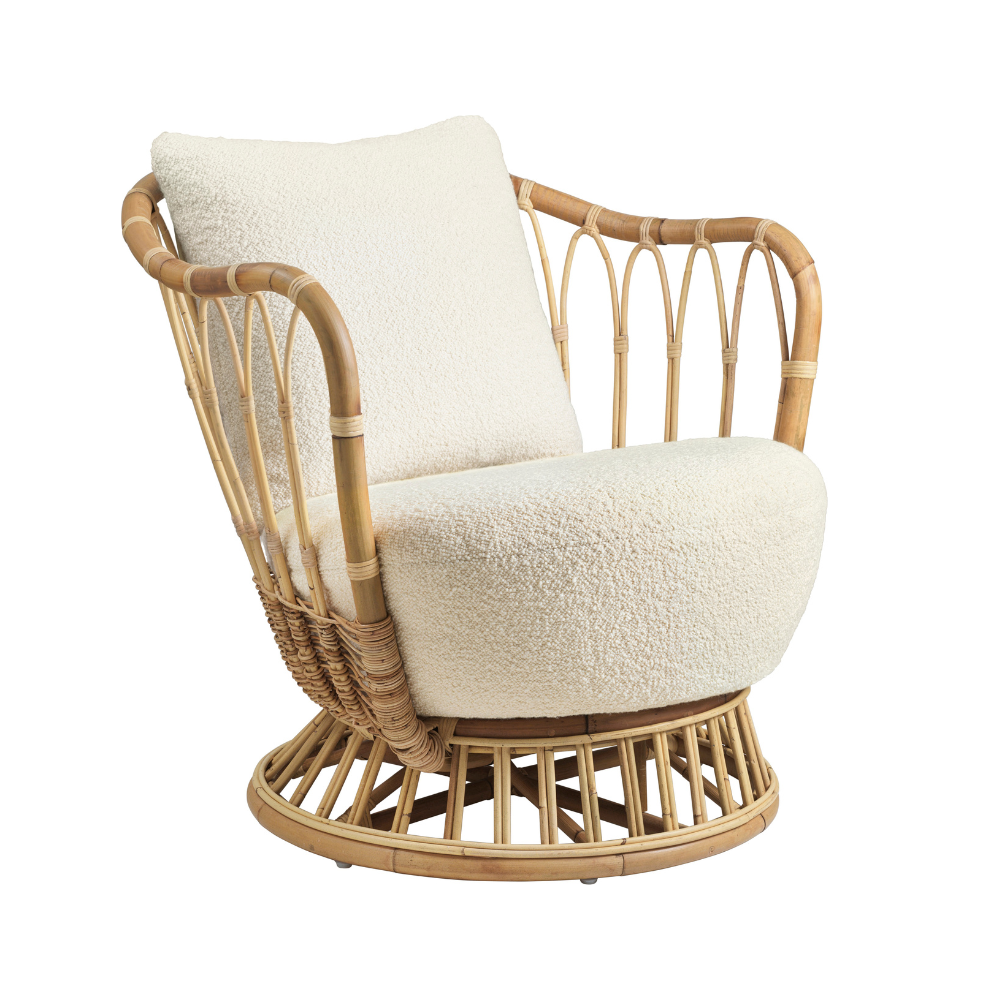 GRACE upholstered armchair with a rattan base