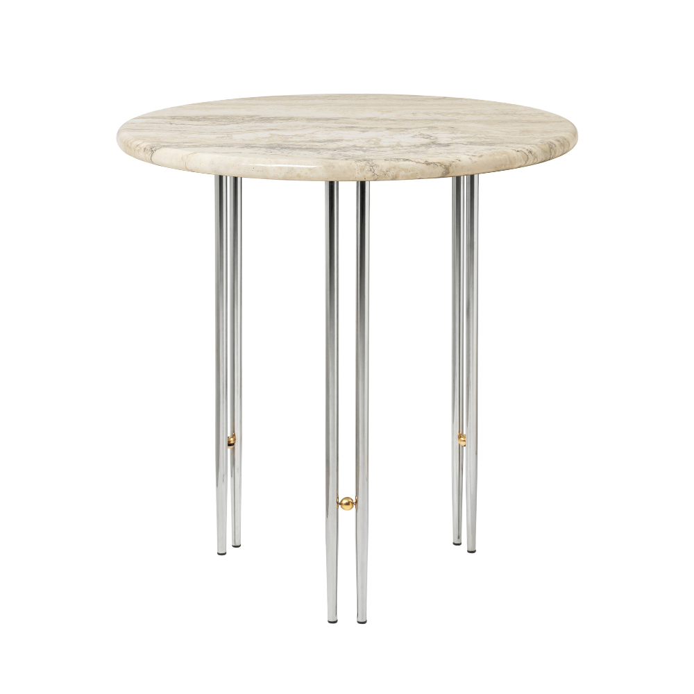 IOI travertine side table with a chrome base