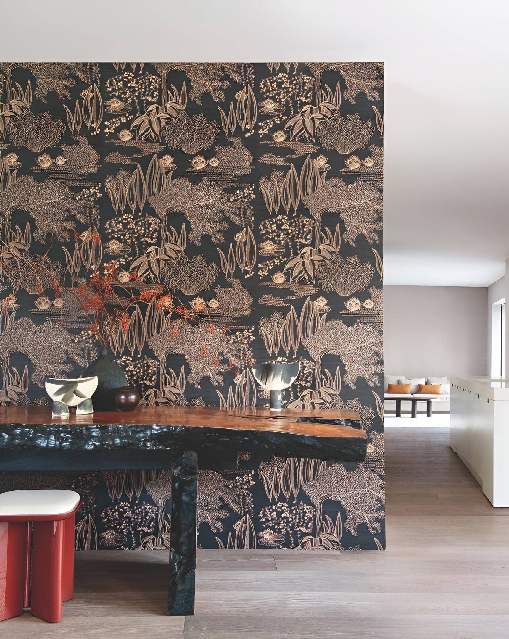 Tapeta z rostlinných vláken s rostlinným motivem HASU - NOIR CUIVRÉ černá s měděnou