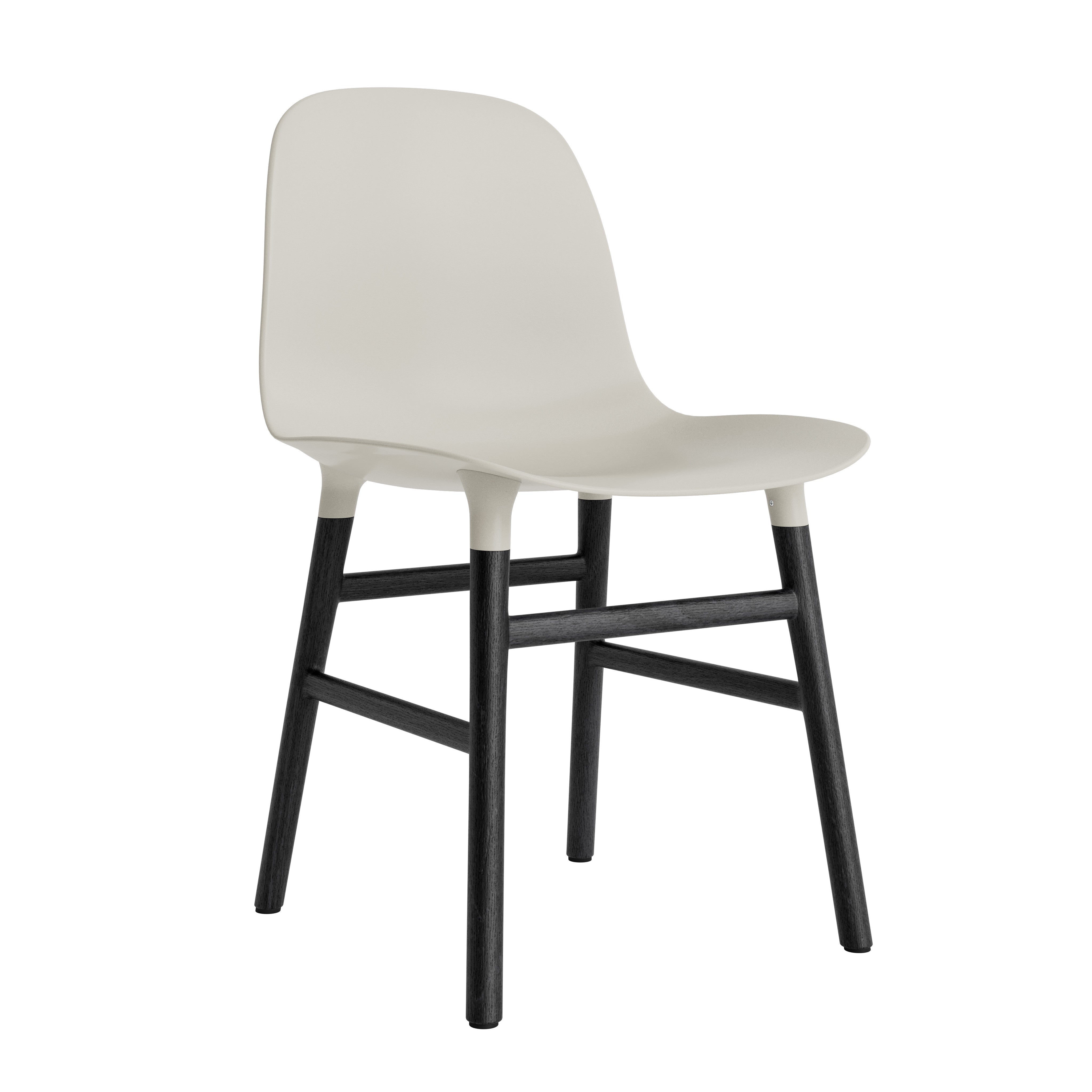 A chair of light gray forms with a black oak base