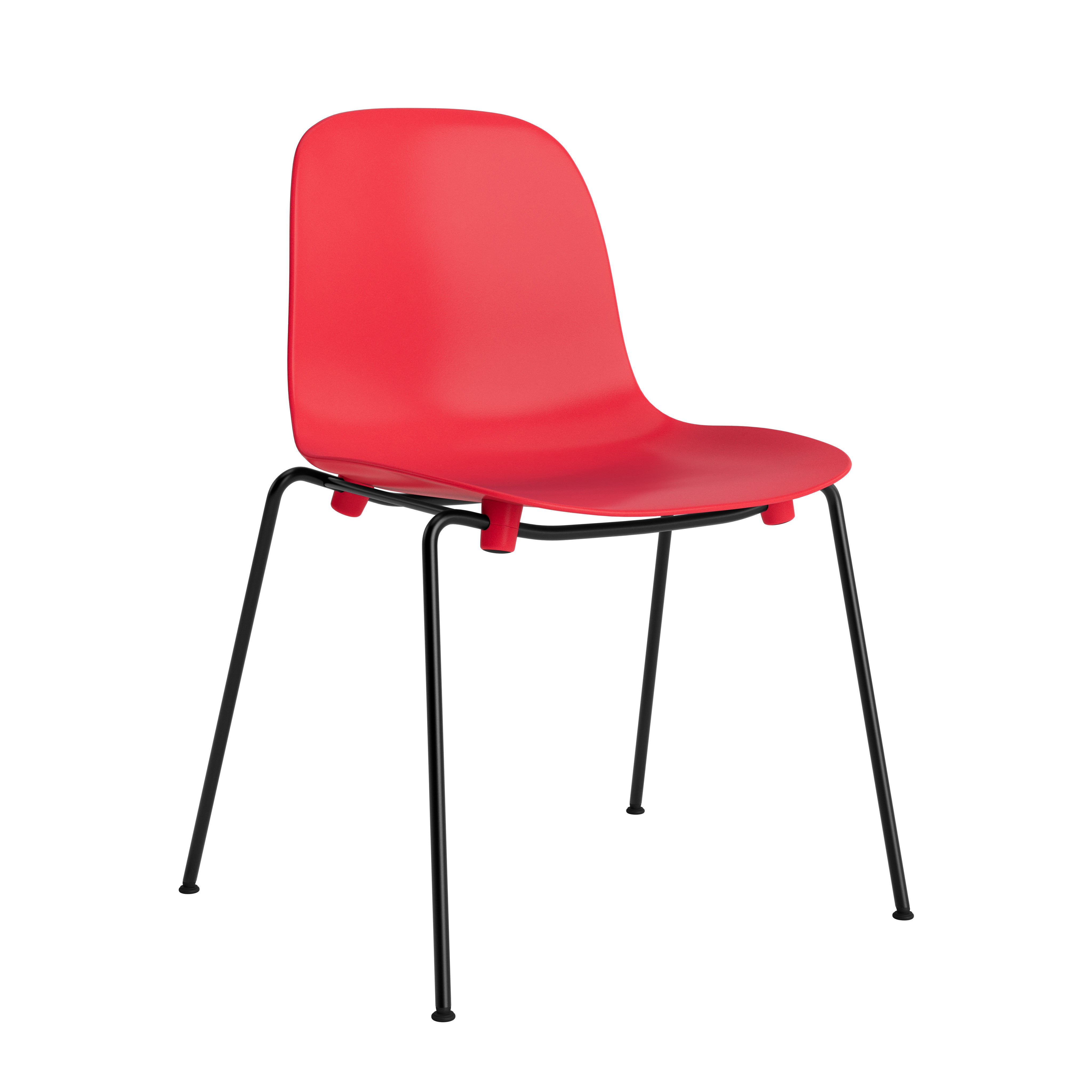 Red stacking chair with a black base