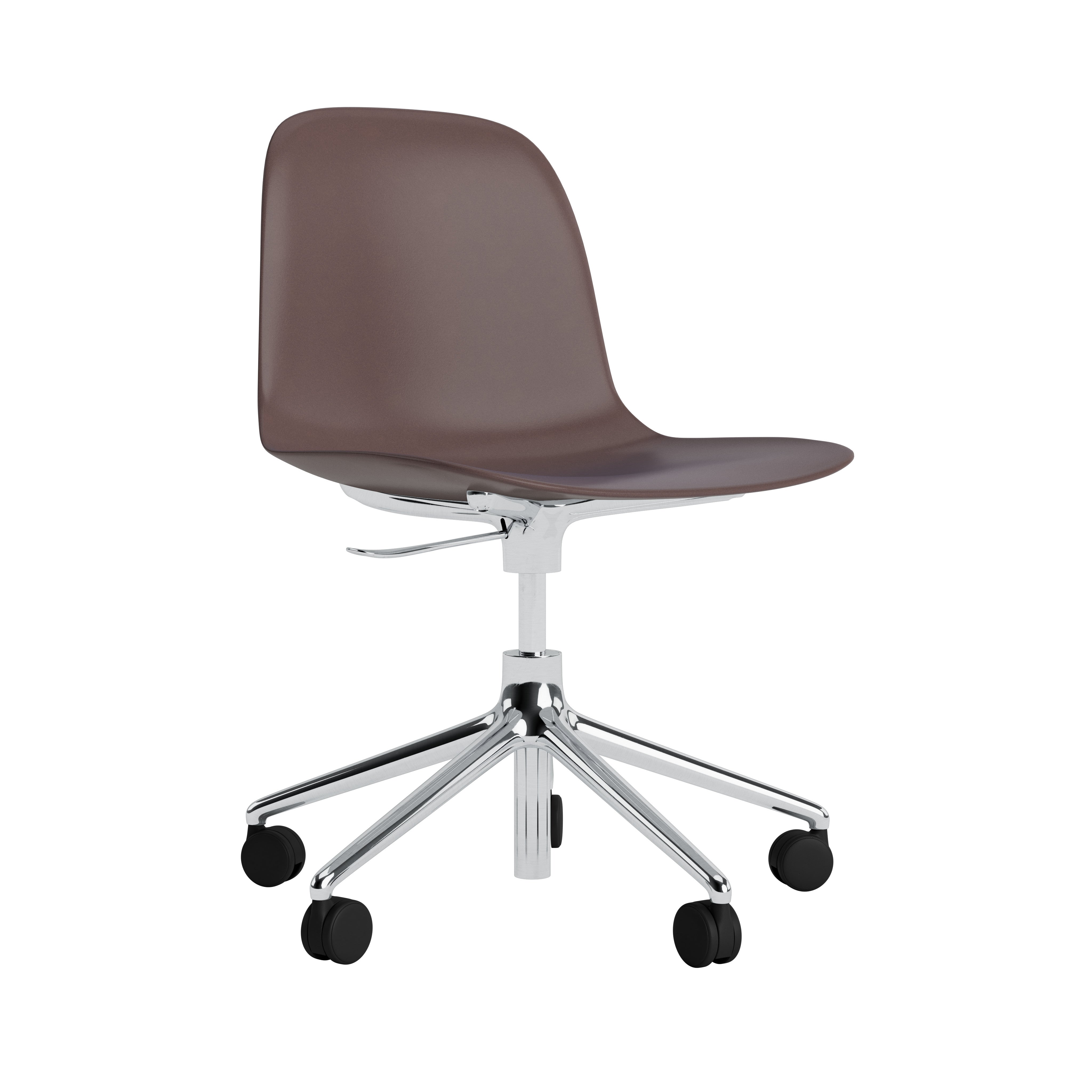 Office chair with 5W brown forms with an aluminum base on wheels