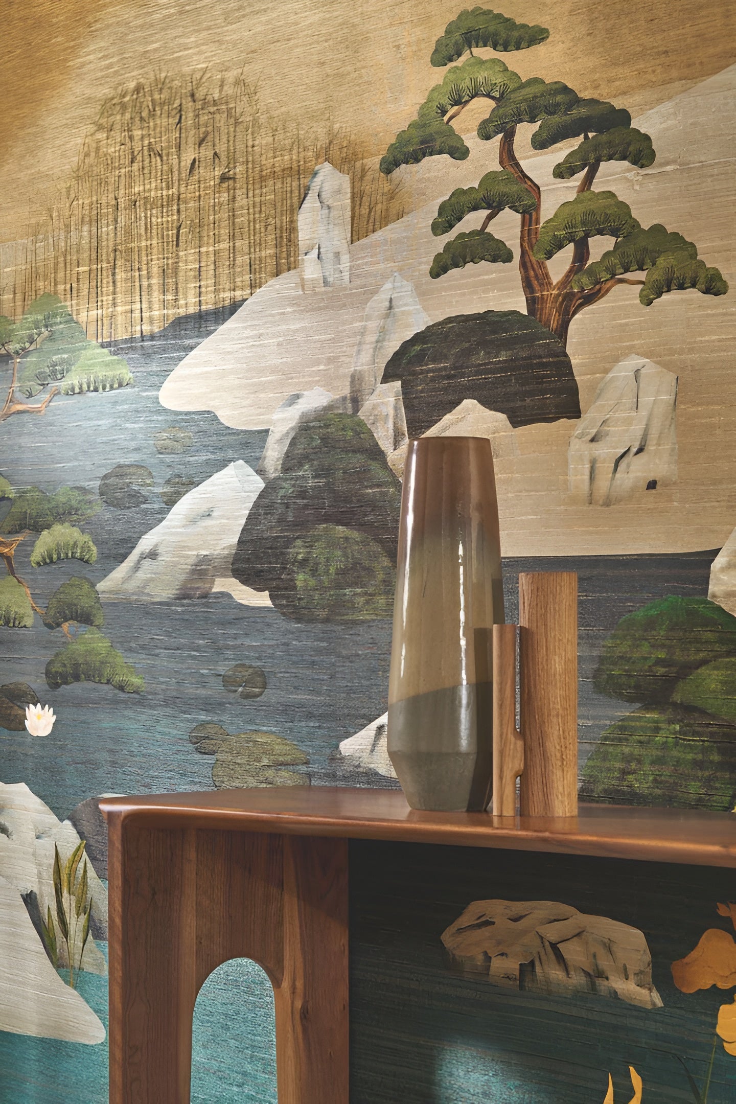 Textilní mural s japonskou krajinou ADACHI - MORDORÉ MARINE modrý s bronzem