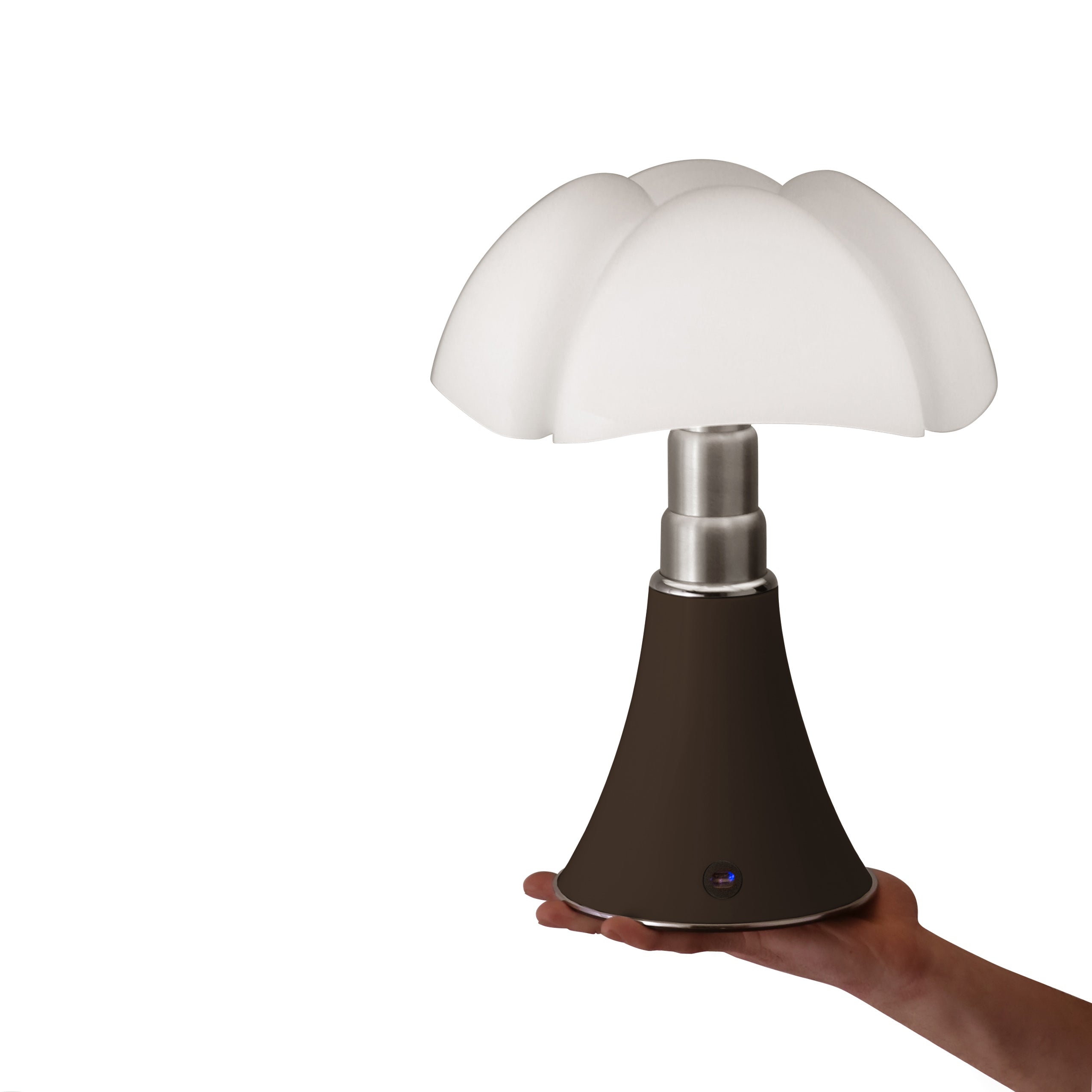 Stolní lampa MINIPIPISTRELLO s opálovým stínidlem a hnědým podstavcem