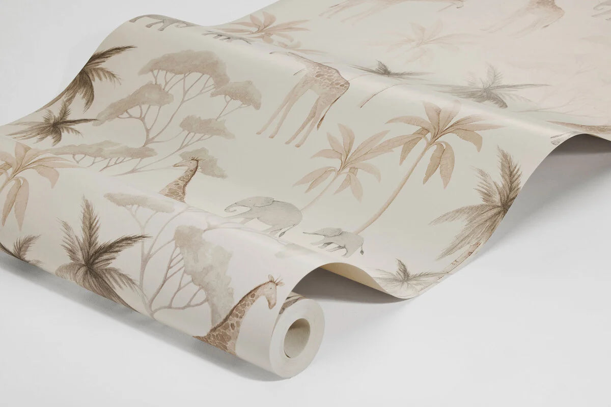 Dětská tapeta s rostlinným a zvířecím motivem SAVANNAH béžová