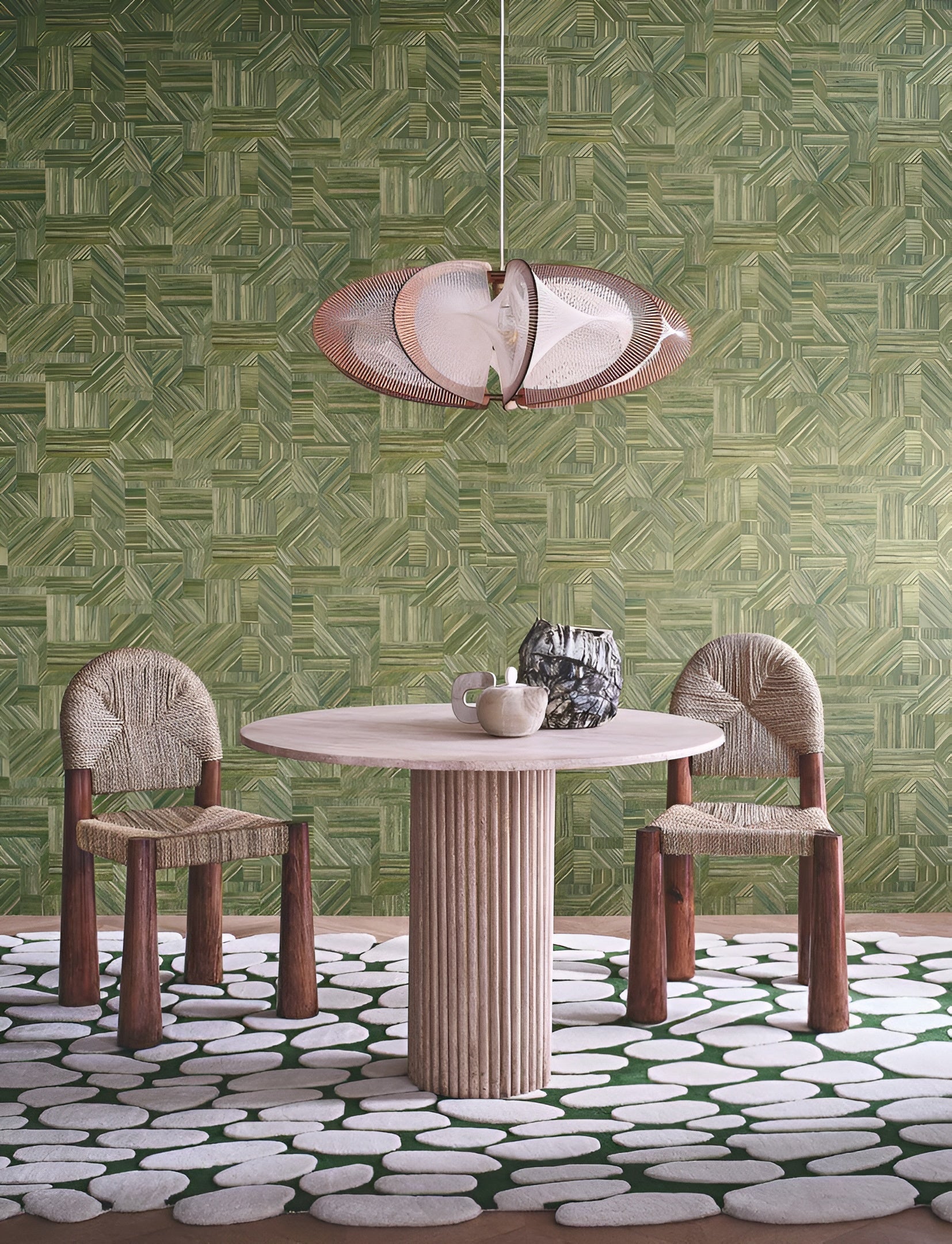 Geometric Structural Wallpaper Imitating Straw Patchwork IMBRICATION - VERT MOUSSE Green