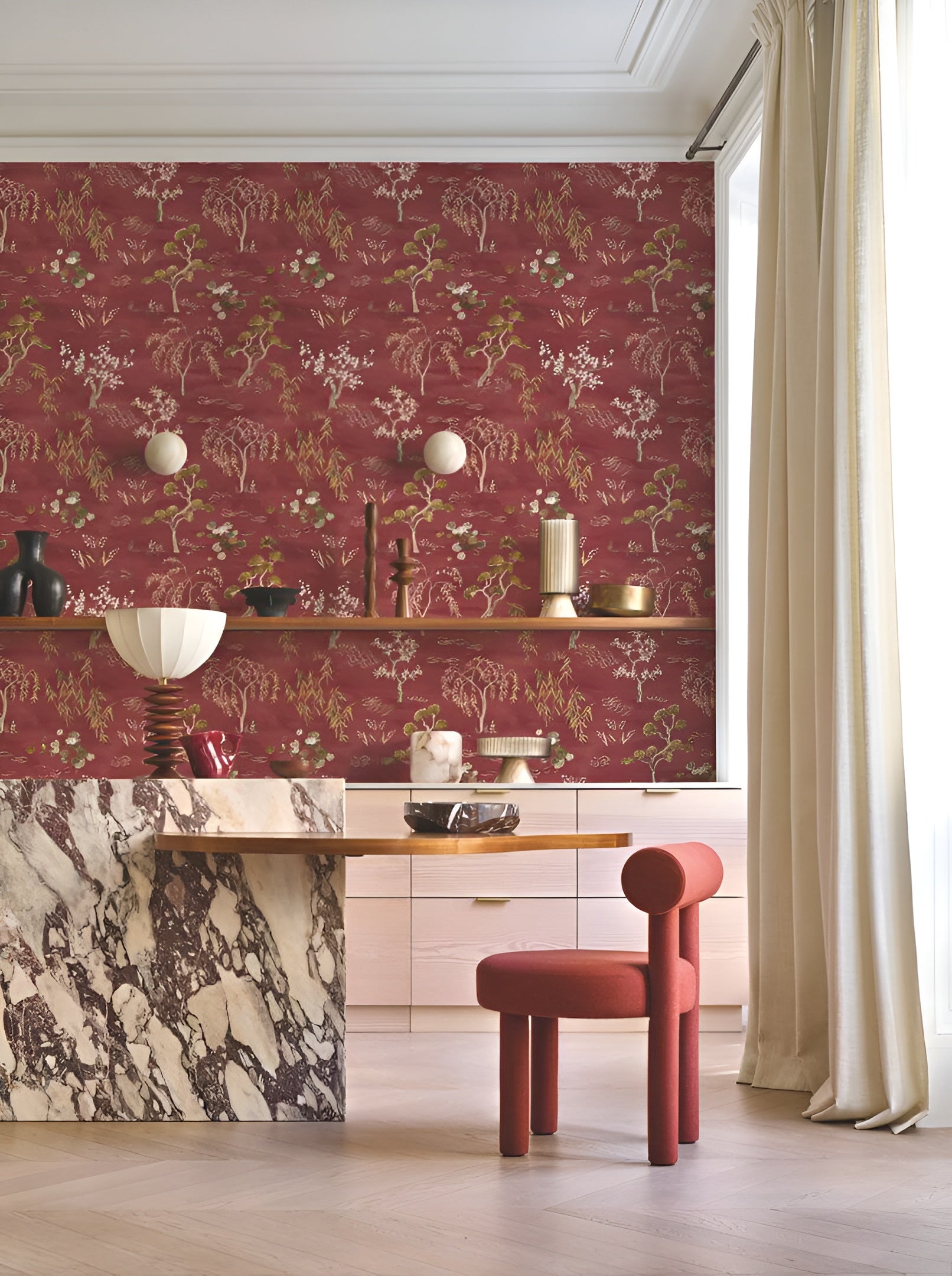 Structural wallpaper with an oriental tree plant motif LEGENDES - IVORY light beige