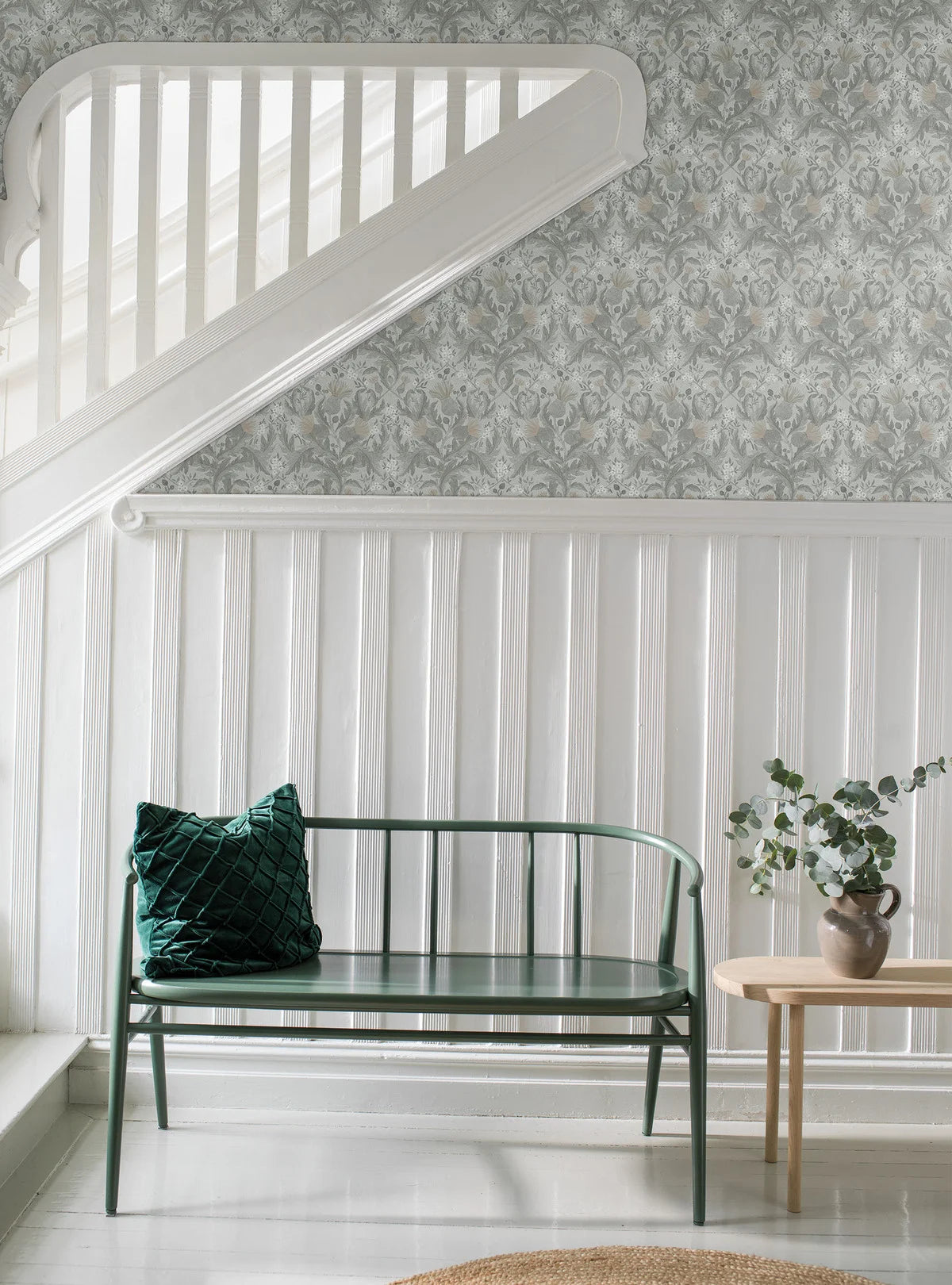 Thistle Plant Pattern Wallpaper in Muted Gray-Green with Pink