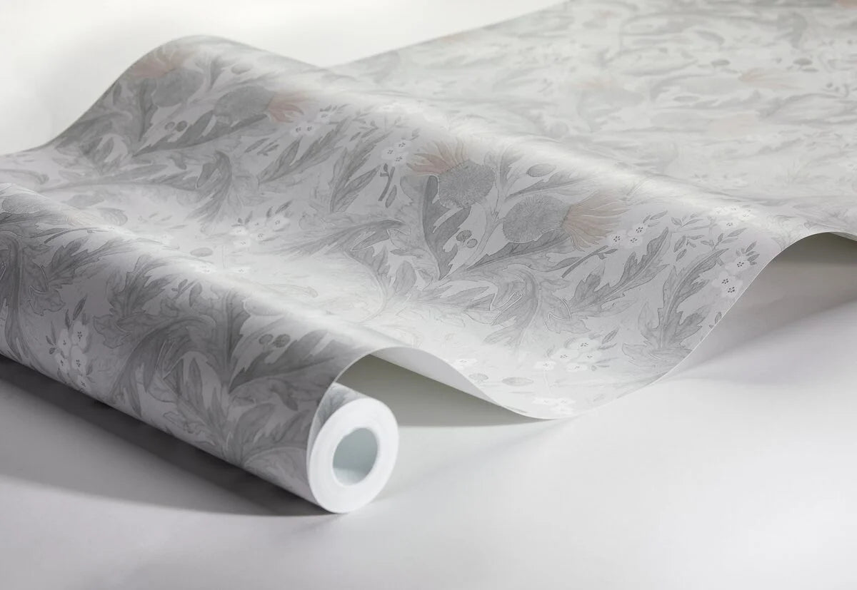 Thistle Plant Pattern Wallpaper in Muted Gray-Green with Pink