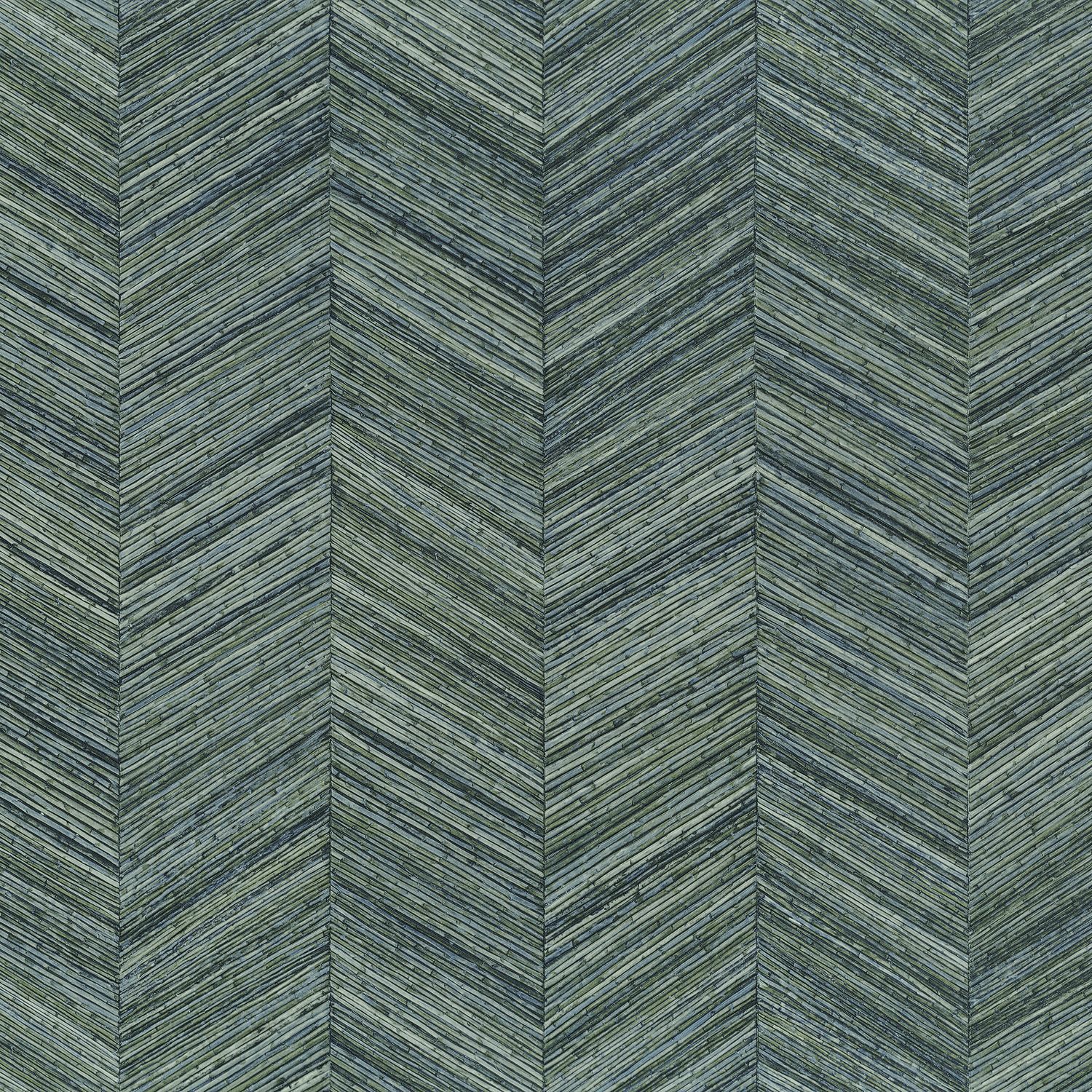 Strukturovaná geometrická tapeta napodobující dřevo s vzorem rybí kosti OCOTEA - VERT IMPERIAL tlumená zelená
