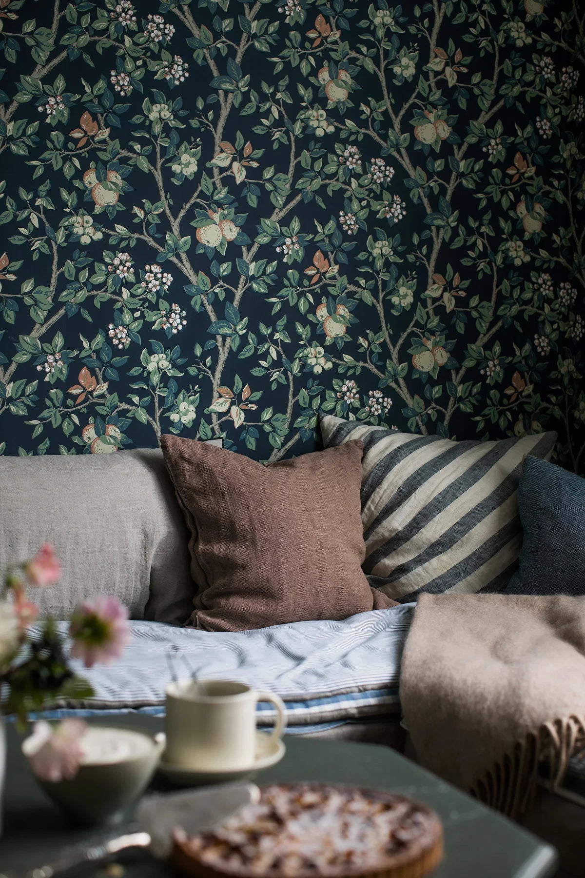 Wallpaper with a fruit tree plant pattern INGRID MARIE dark blue with green