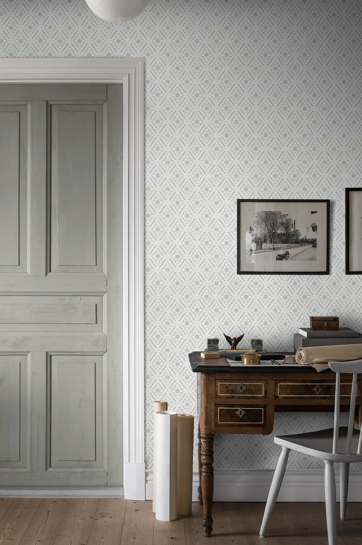 Paper non-woven wallpaper with geometric pattern ESTER beige with gray