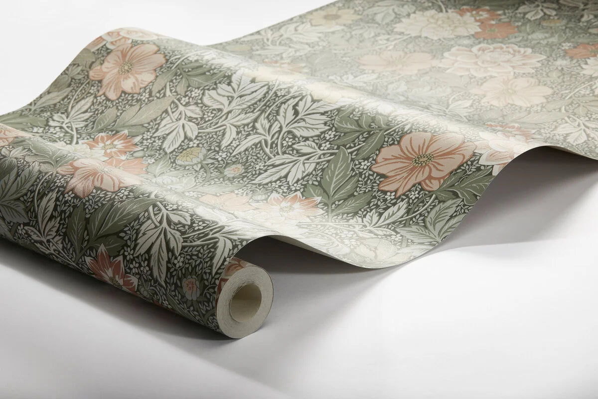 Non-woven paper wallpaper with a floral pattern DAHLIA GARDEN green with cream and pink
