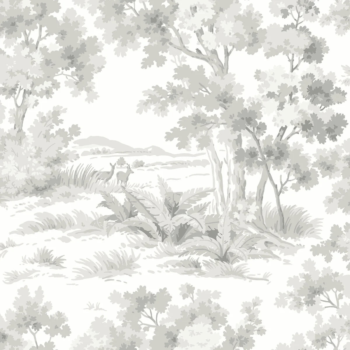 Non-woven paper wallpaper with a botanical pattern COUNTRYSIDE MORNING white with gray