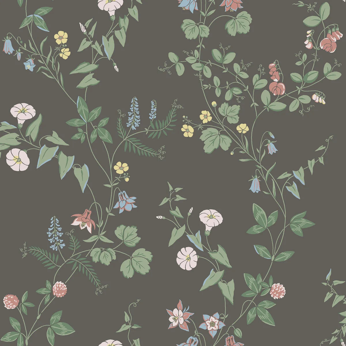 Tapeta s rostlinným vzorem květin a listů MIDSUMMER EVE tmavě hnědá se zelenou