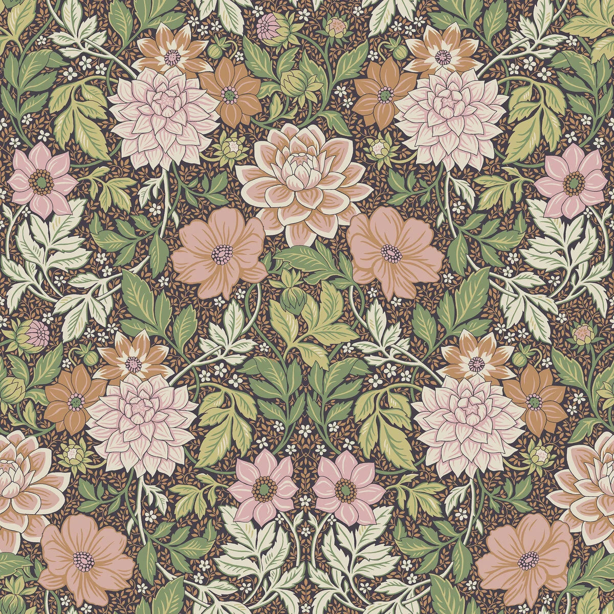 Non-woven paper wallpaper with a floral pattern DAHLIA GARDEN light green with pink