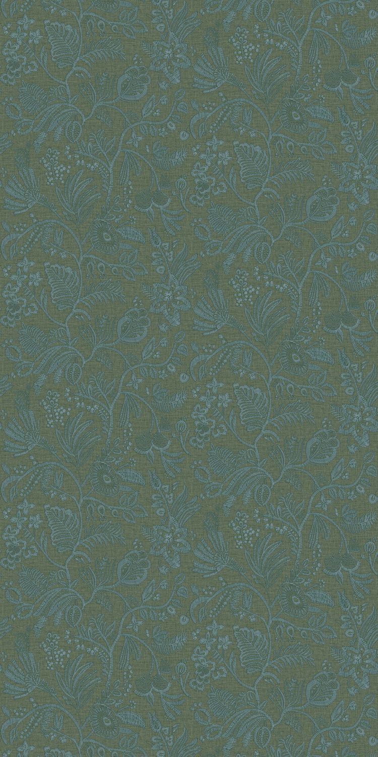 Structural wallpaper imitating embroidery with a floral and leaf pattern in pastel green with blue