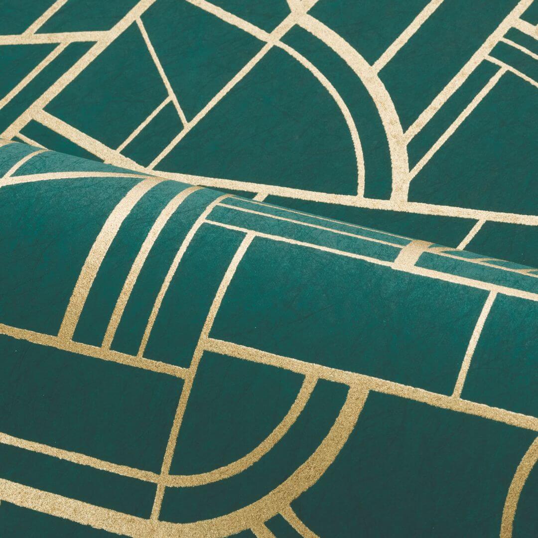 Metalická tapeta s geometrickým vzorem CINÉTIQUE - ZELENÁ KACHNÍ/DORÉ zelená se zlatou