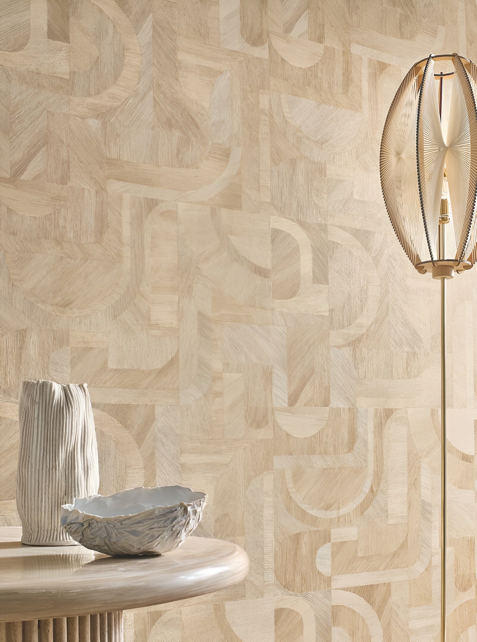 Geometric Wood-Effect Textured Wallpaper with Mosaic Pattern INTARSIA - SAND Travertine