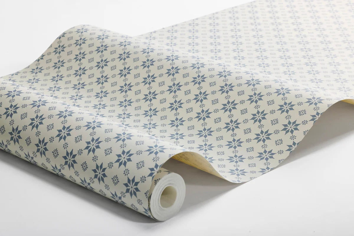 Non-woven paper wallpaper with geometric pattern STELLA white with blue