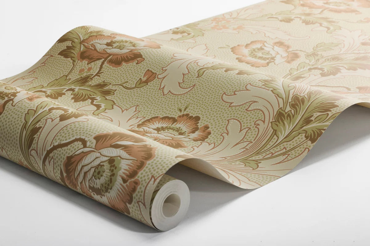 Papírová flizelinová tapeta s rostlinným vzorem GÖTEBORG béžová se zelenou
