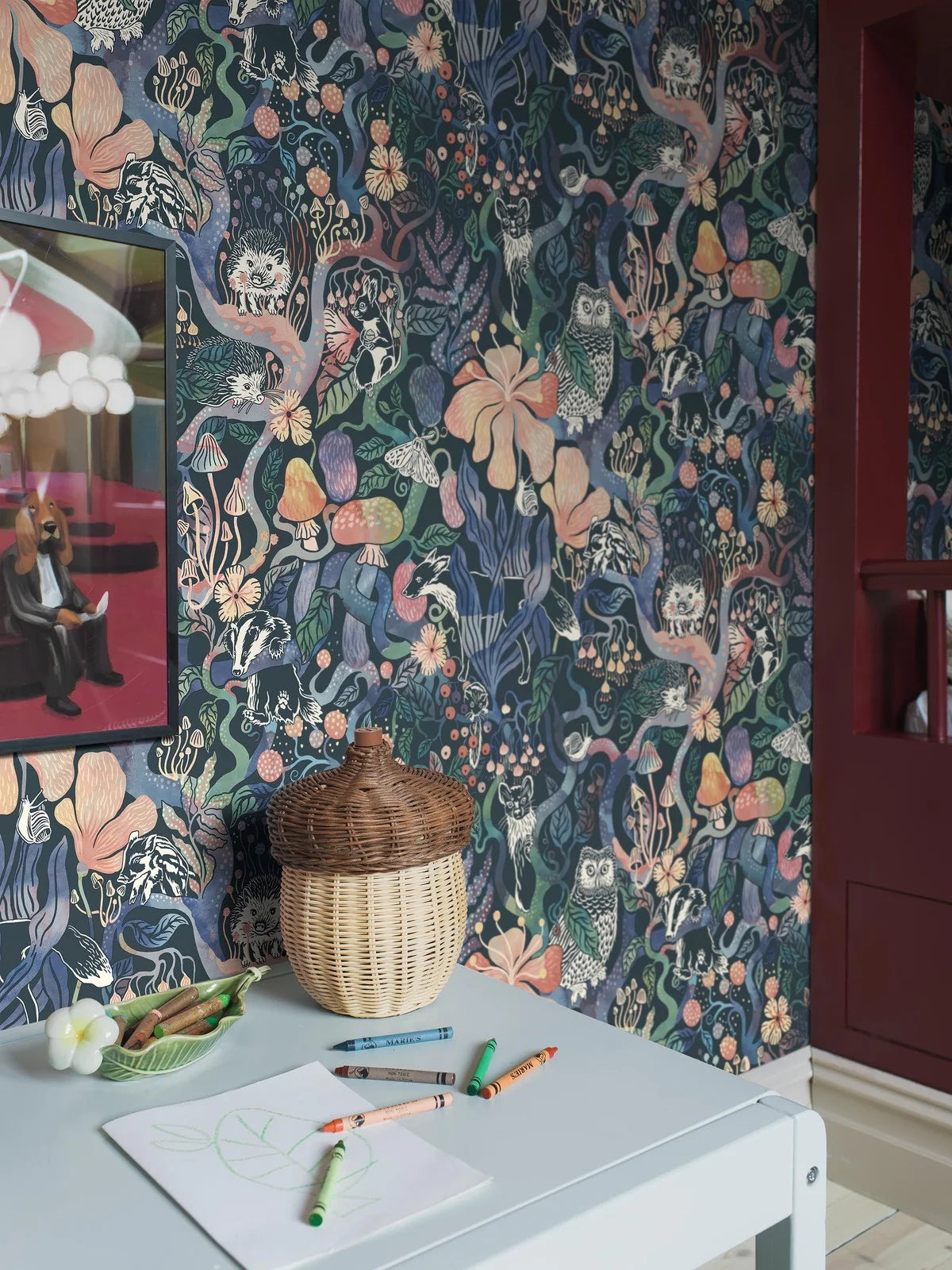 Children's wallpaper with a fairy tale forest theme MAGIC WOODS blue with pink