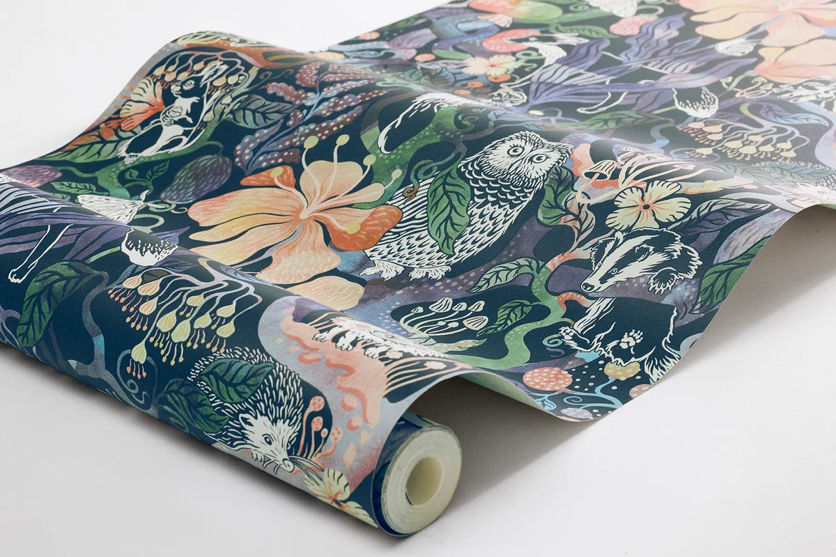 Children's wallpaper with a fairy tale forest theme MAGIC WOODS blue with pink