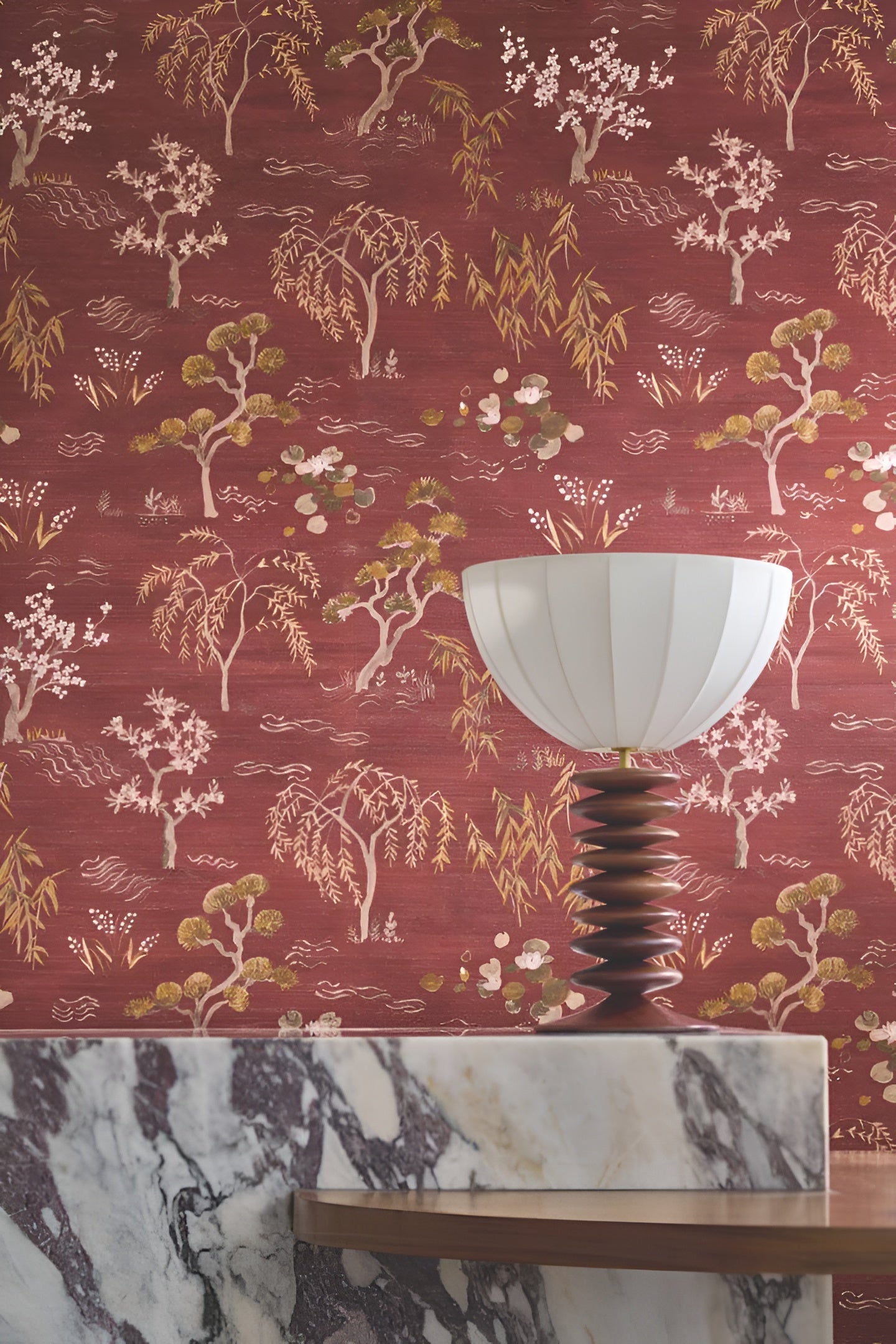 Structural wallpaper with an oriental tree plant motif LEGENDES - IVORY light beige