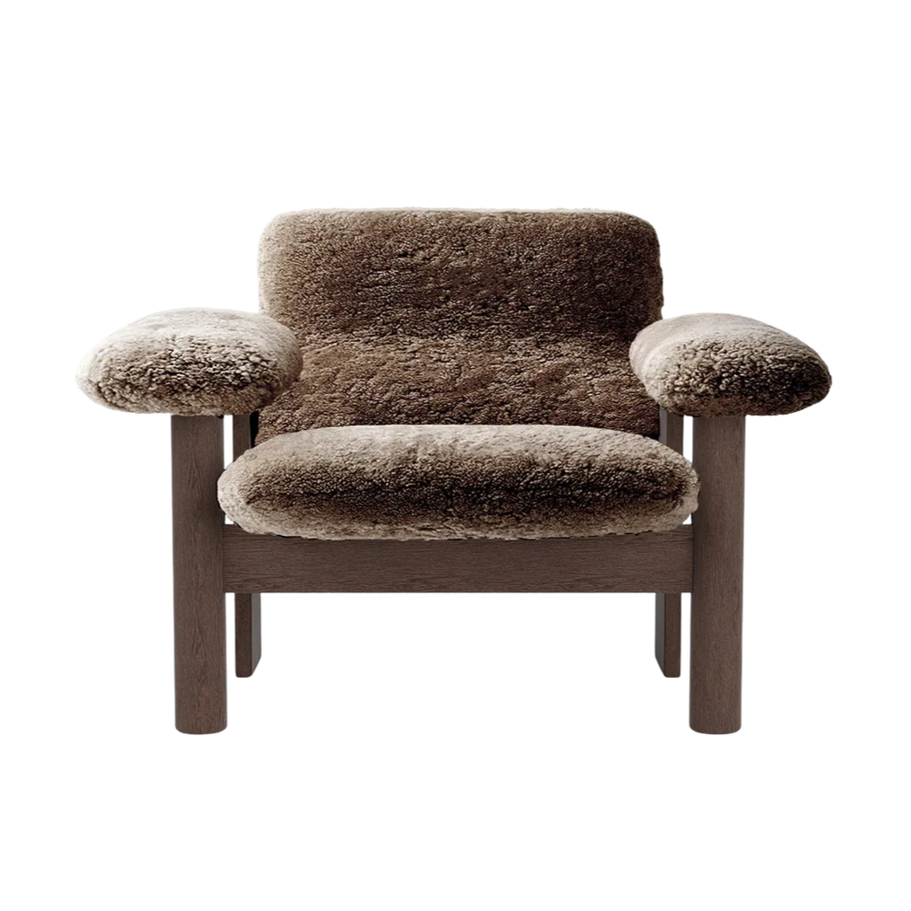 BRASILIA Armchair brown sheep leather with dark oak base