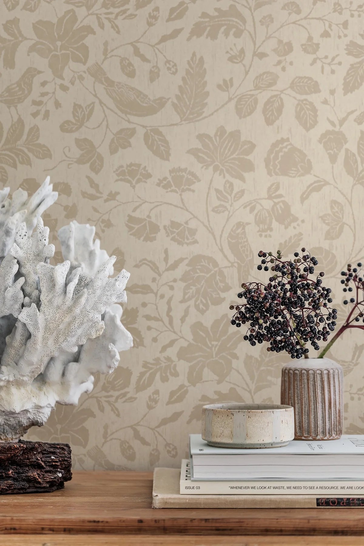 ISIDOR Beige Wallpaper with Plant and Animal Motif