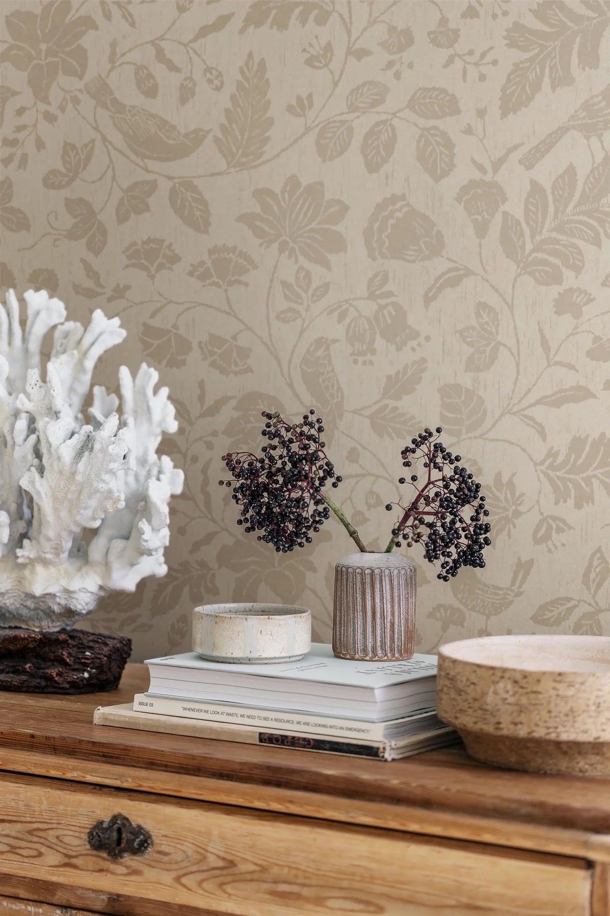 ISIDOR Beige Wallpaper with Plant and Animal Motif