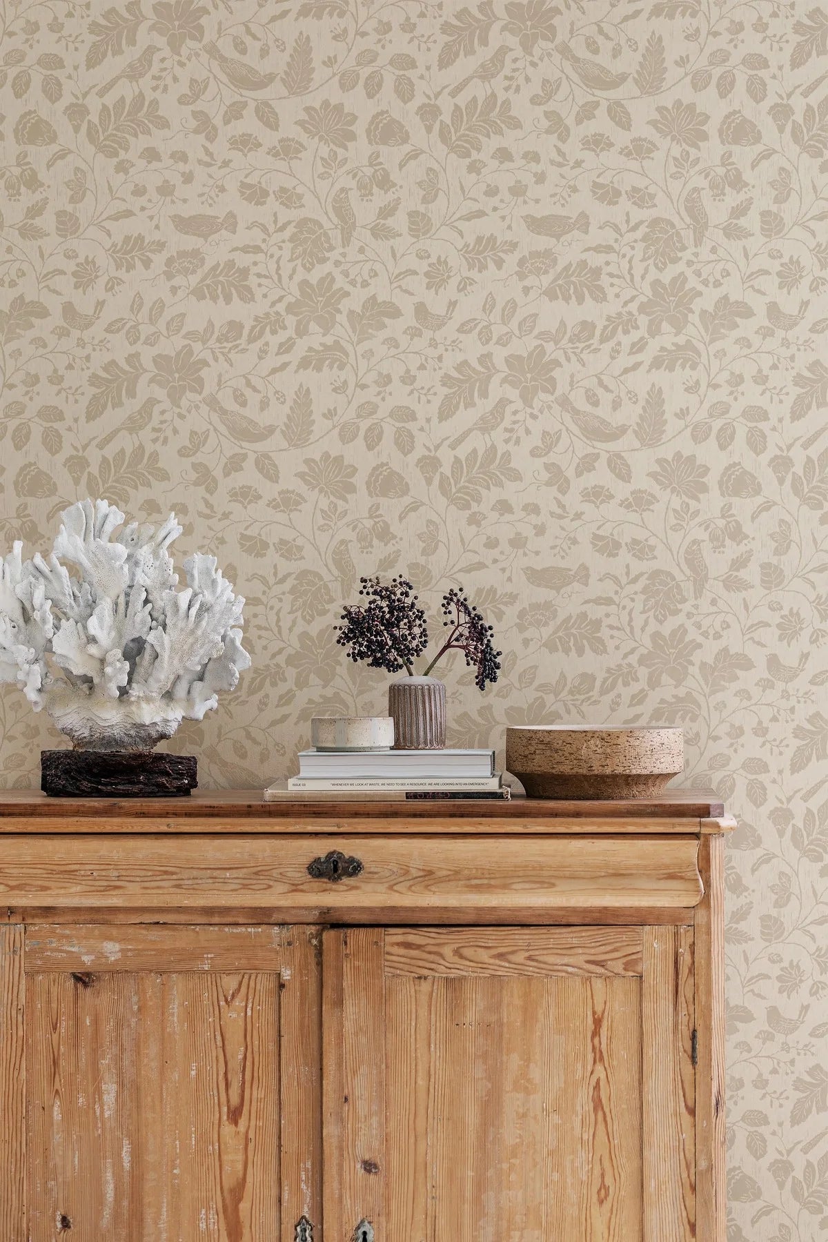 ISIDOR Beige Wallpaper with Plant and Animal Motif
