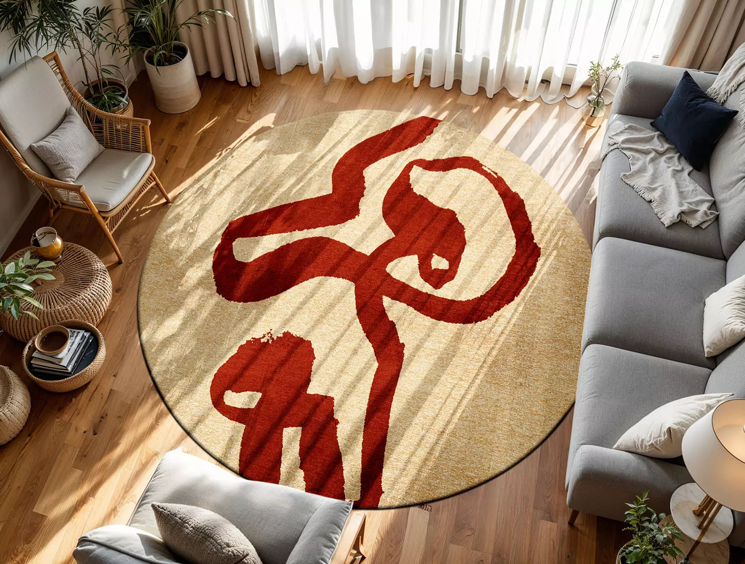 Kulatý koberec RIBBON béžový s červenou