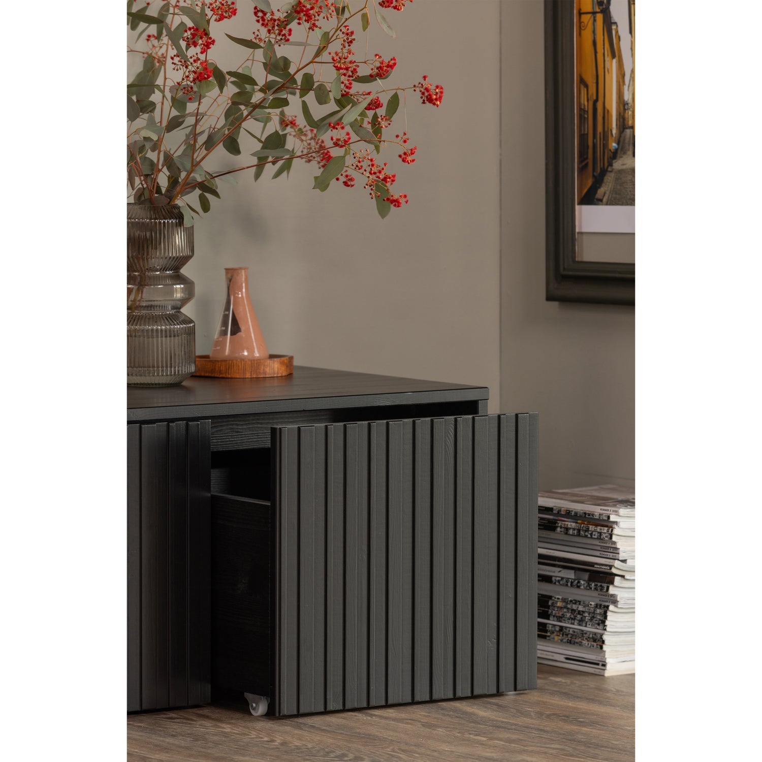 Bench with gravure drawers black pine wood