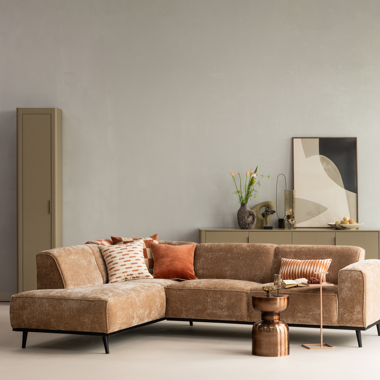 Left-facing Corner Sofa STATEMENT in Dark Beige Chenille