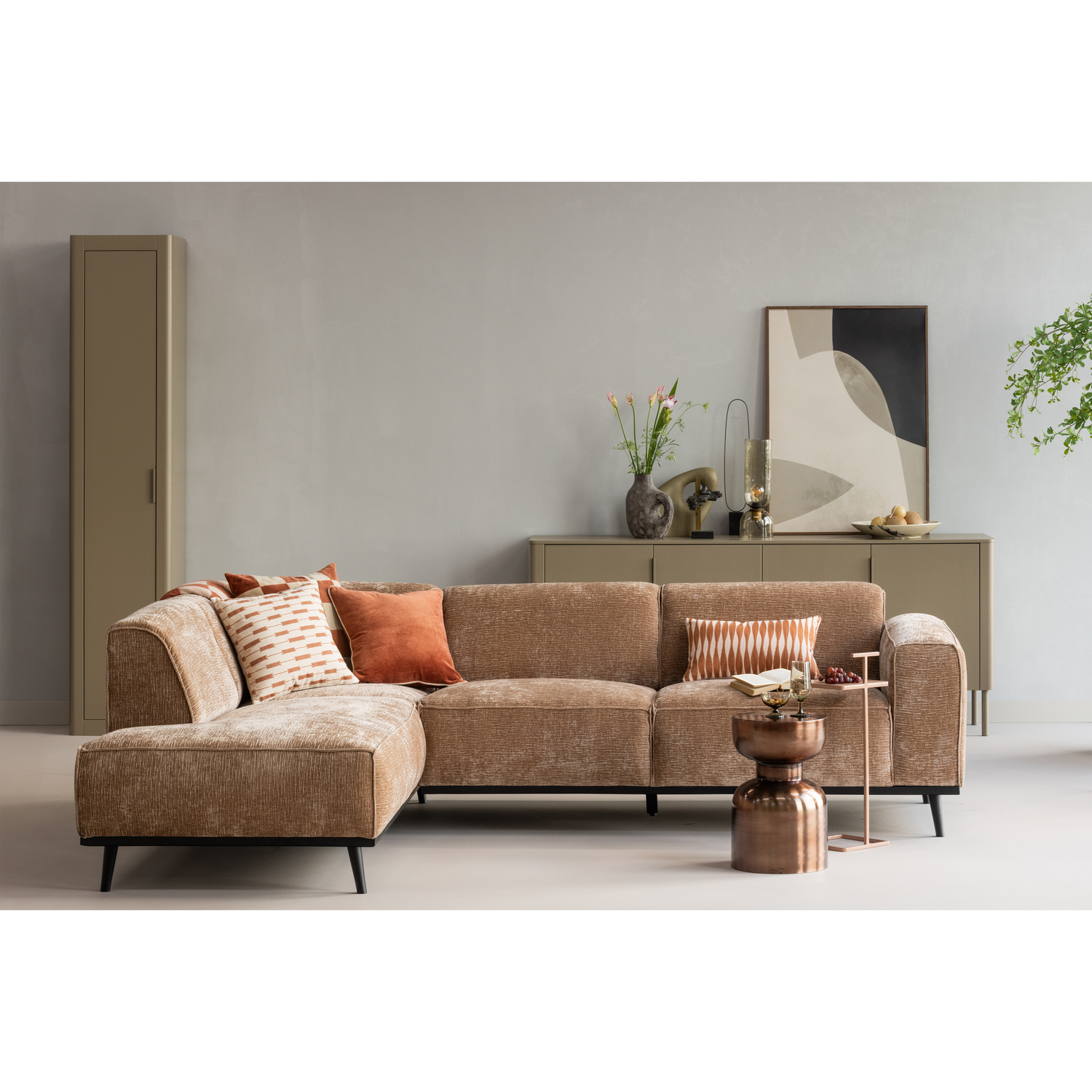 Left-facing Corner Sofa STATEMENT in Dark Beige Chenille