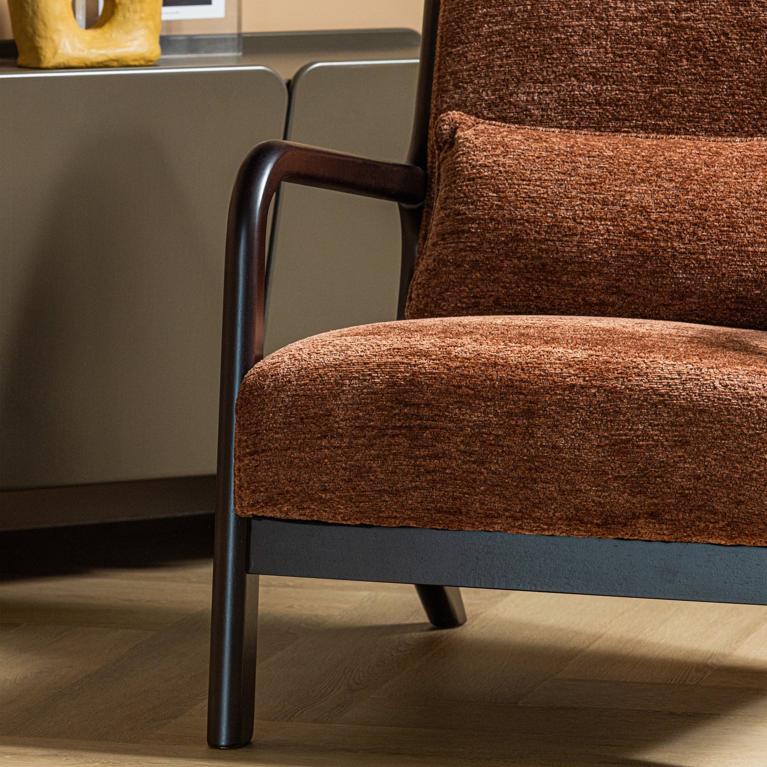 MARK Armchair in Brown Chenille with Black Base