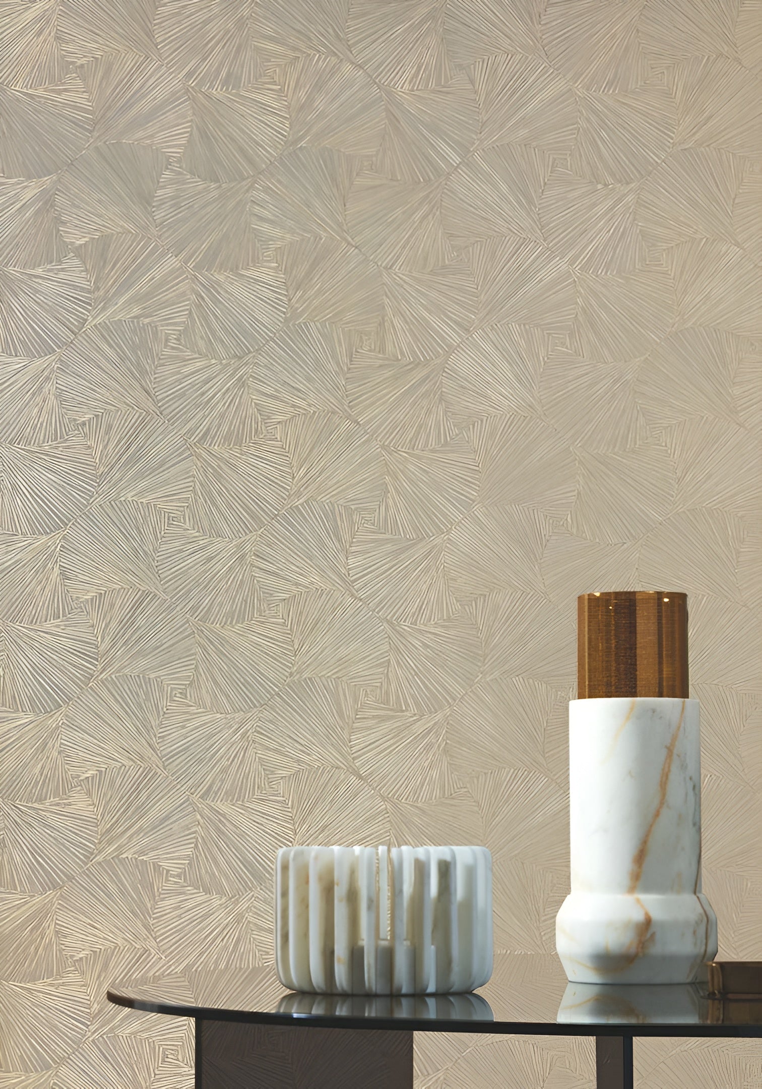 Metallic textured wallpaper with a plant leaf motif SONGKET - TRAVERTINE sandy beige
