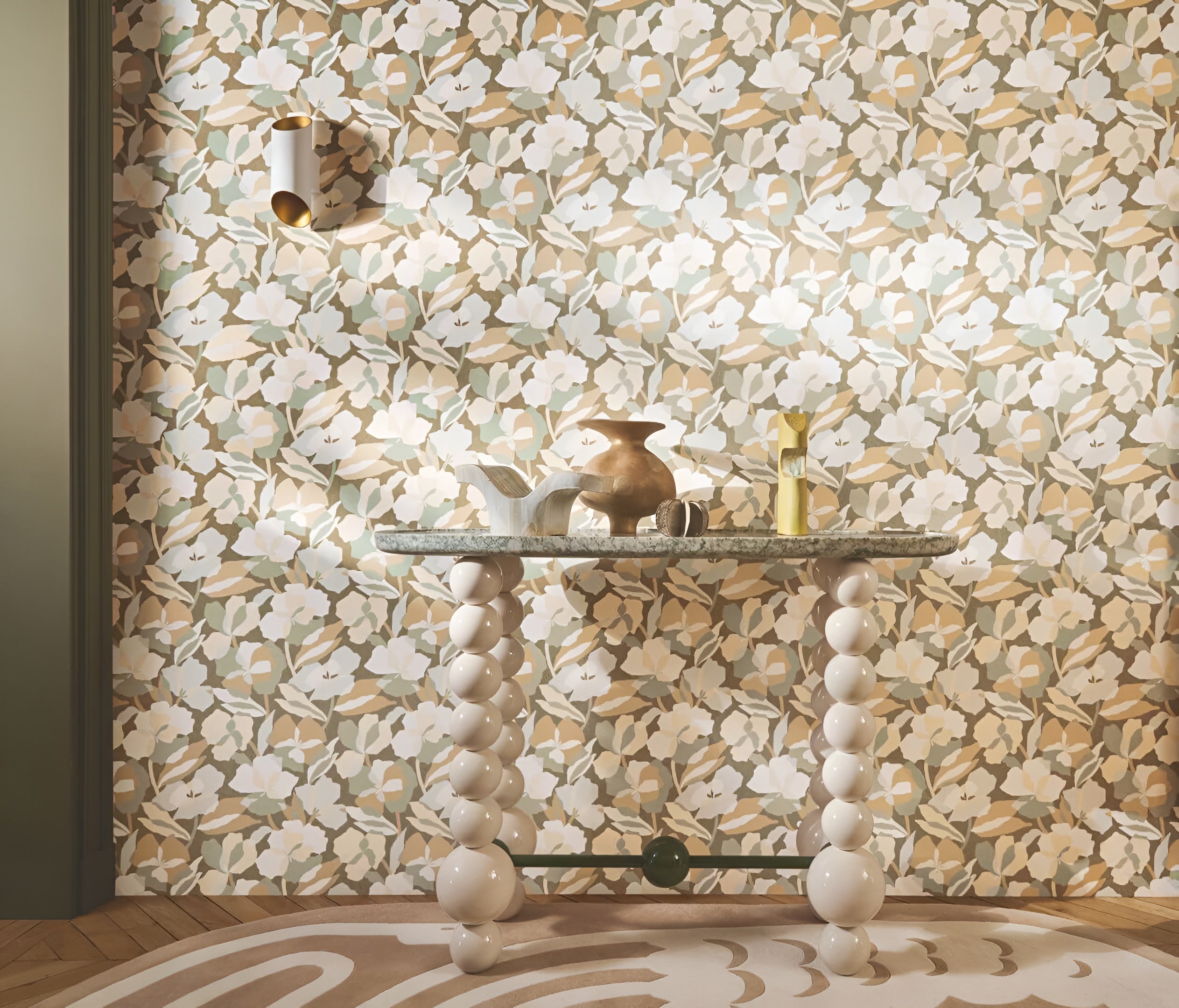 Amaryllis Floral Pattern Wallpaper - Marine/Gold Green with Beige