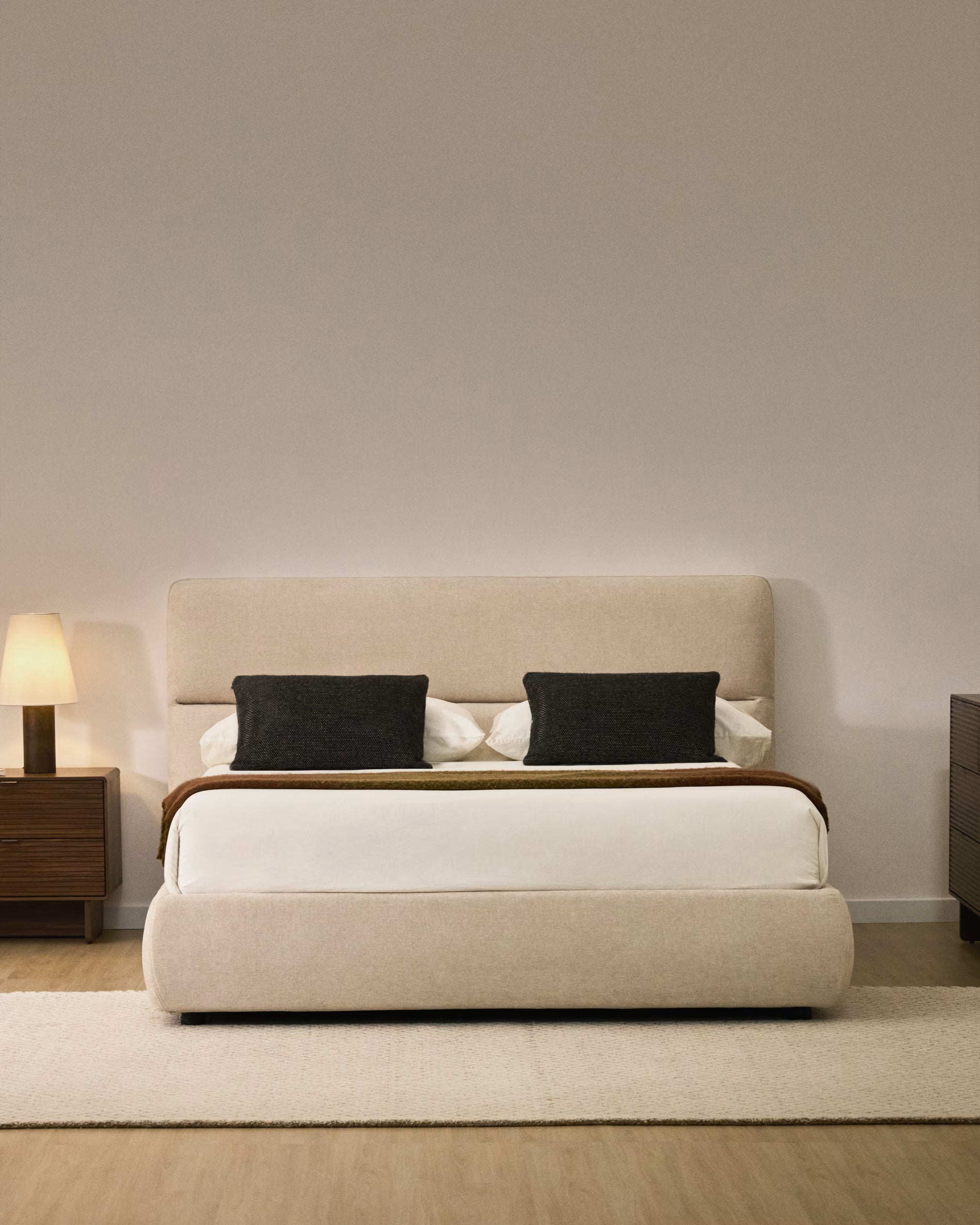 Bed with bedding storage DAFRA beige chenille