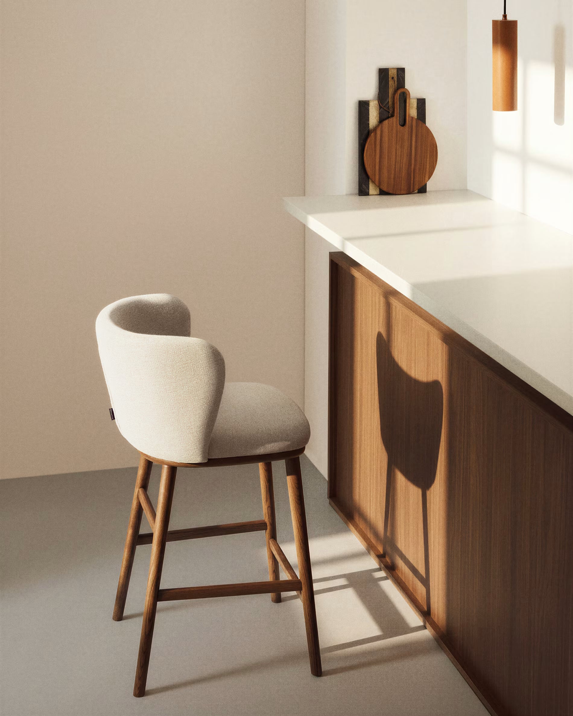Bar Stool CISELIA beige chenille with dark ash base