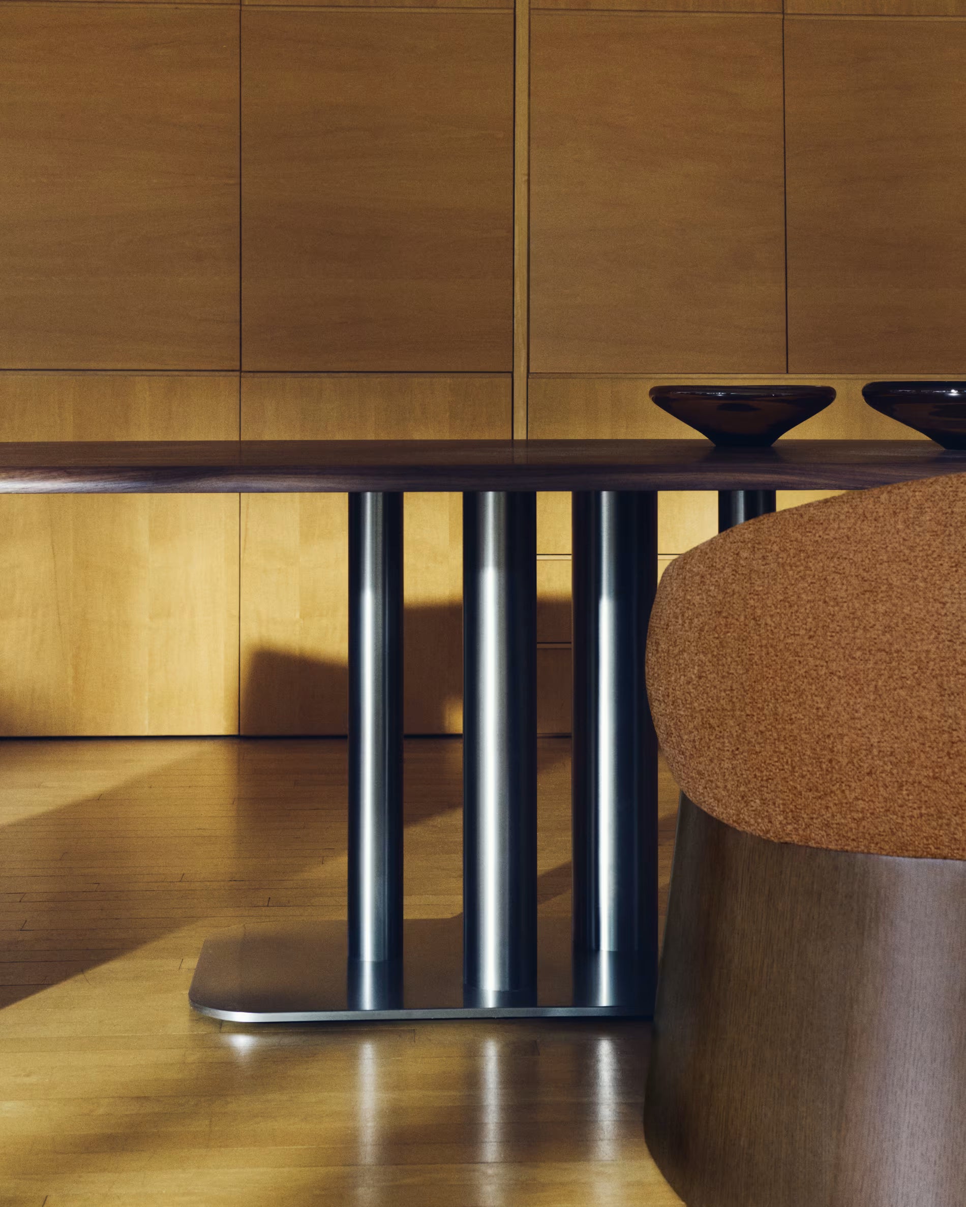 MELVAR table with walnut veneer and steel base