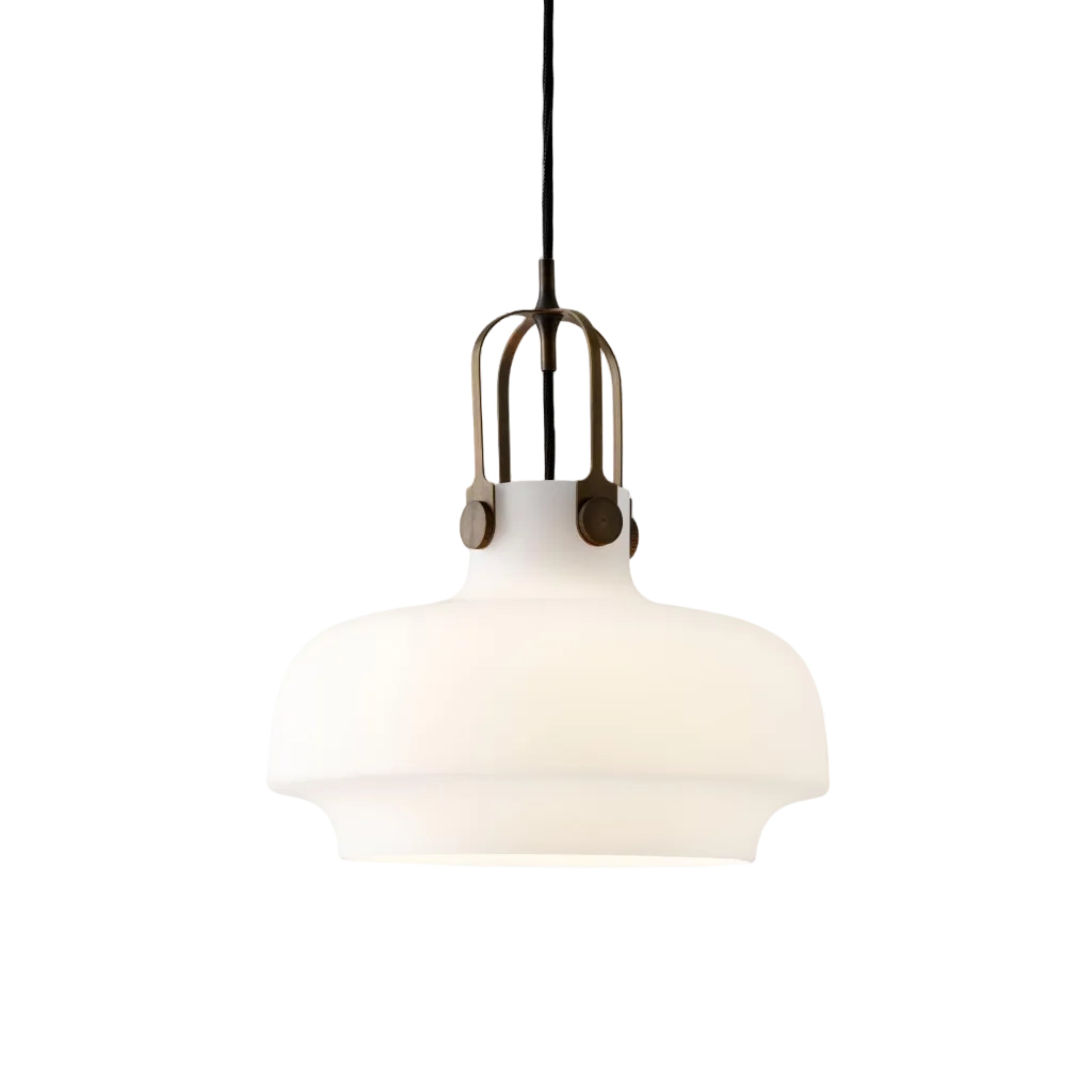 Lampa visící COPENHAGEN s opálovým stínidlem a hnědým povrchem.