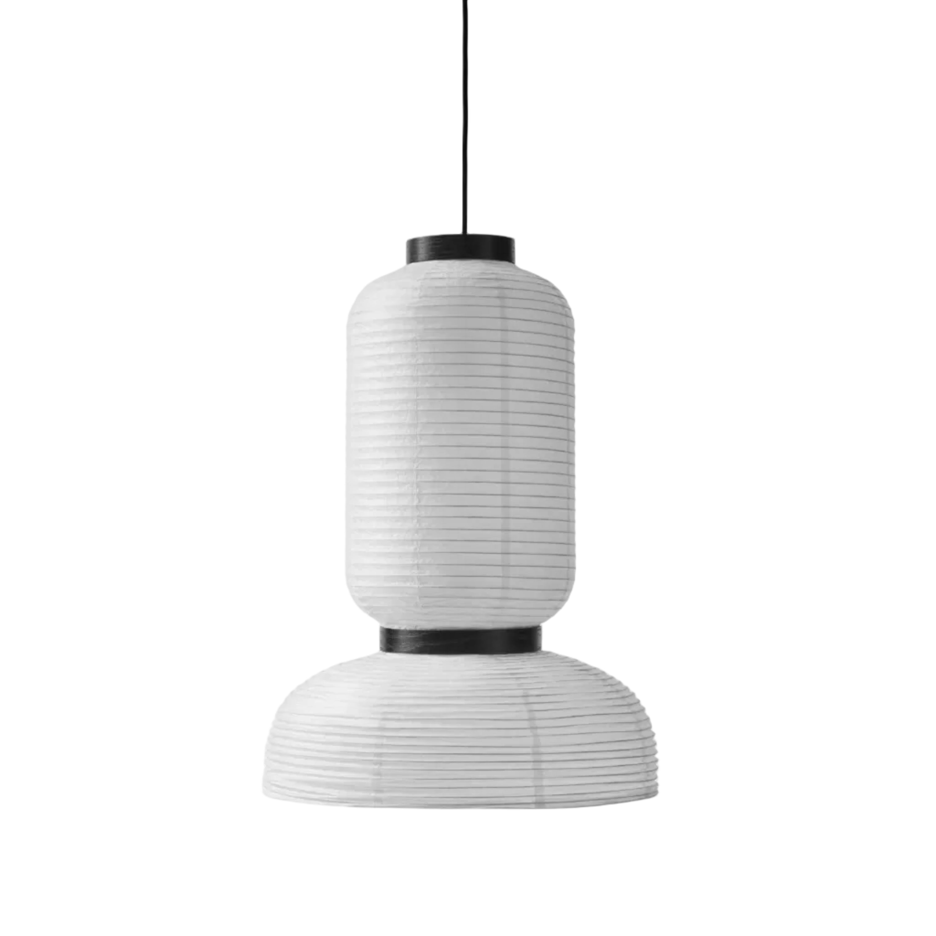 Lampa visící FORMAKAMI JH3 s bílým papírovým stínidlem a černým dubovým povrchem.