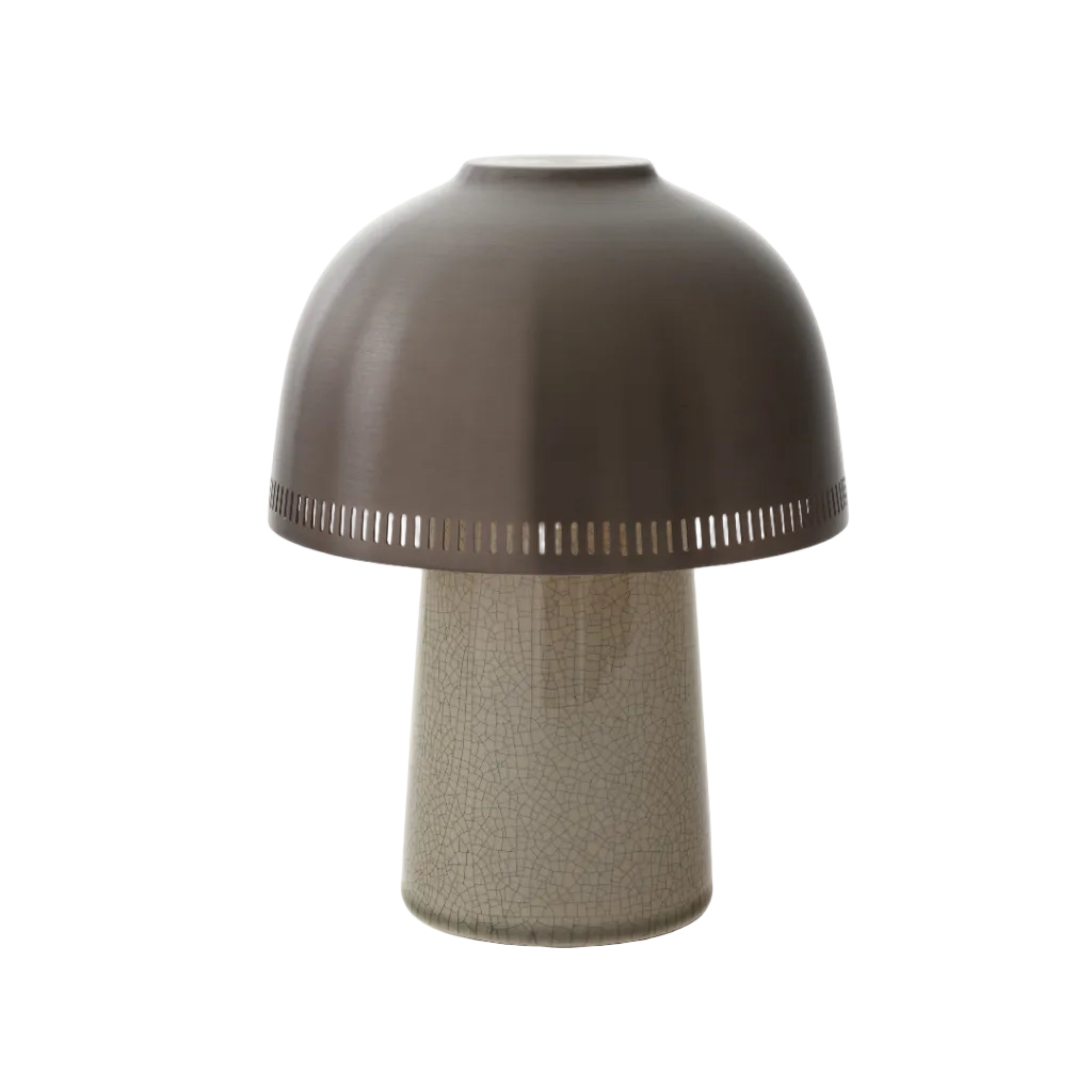 Přenosná lampa RAKU SH8 s hnědým stínidlem a béžovým podstavcem.