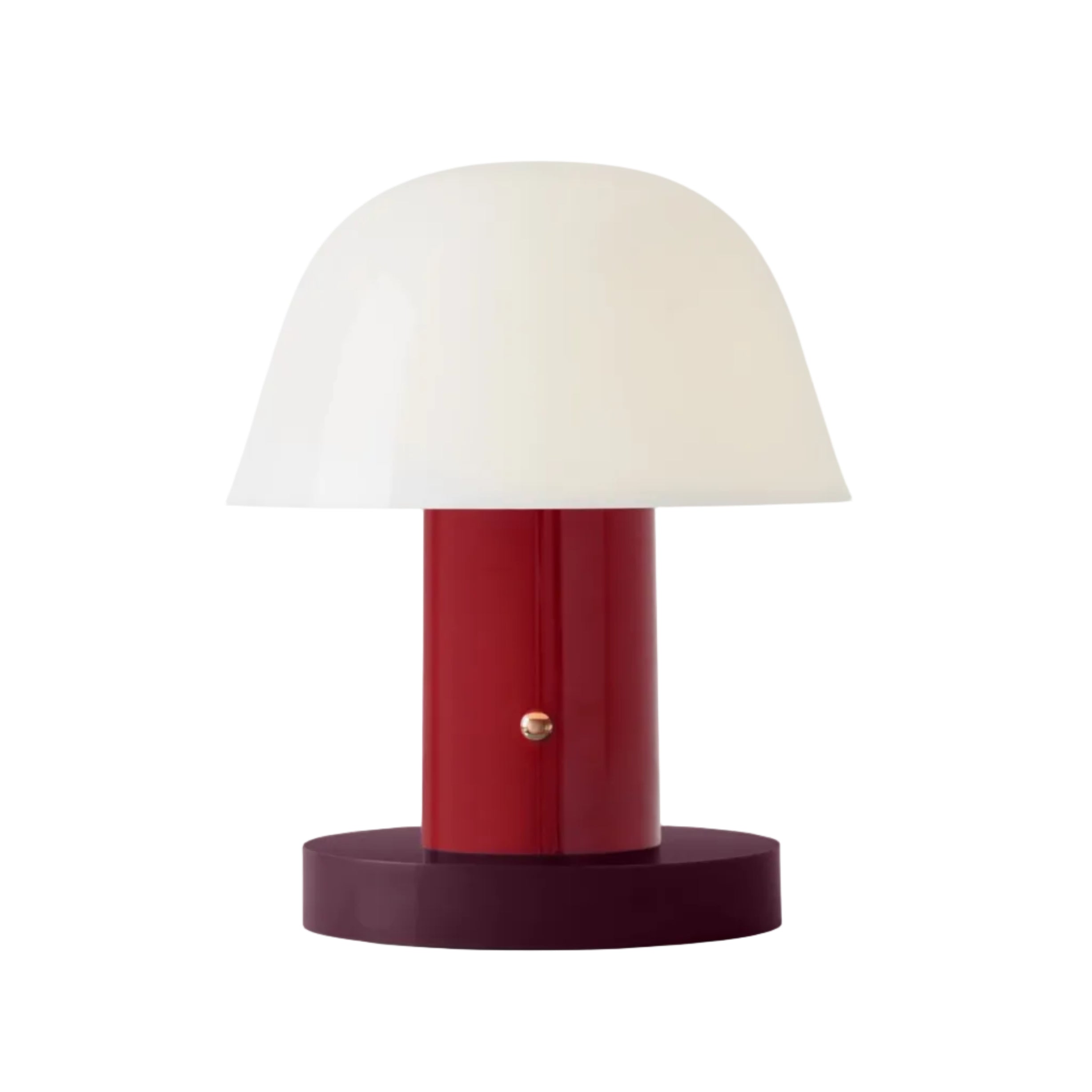 Přenosná lampa SETAGO JH27 s krémovým stínidlem a tmavě červeným podstavcem.