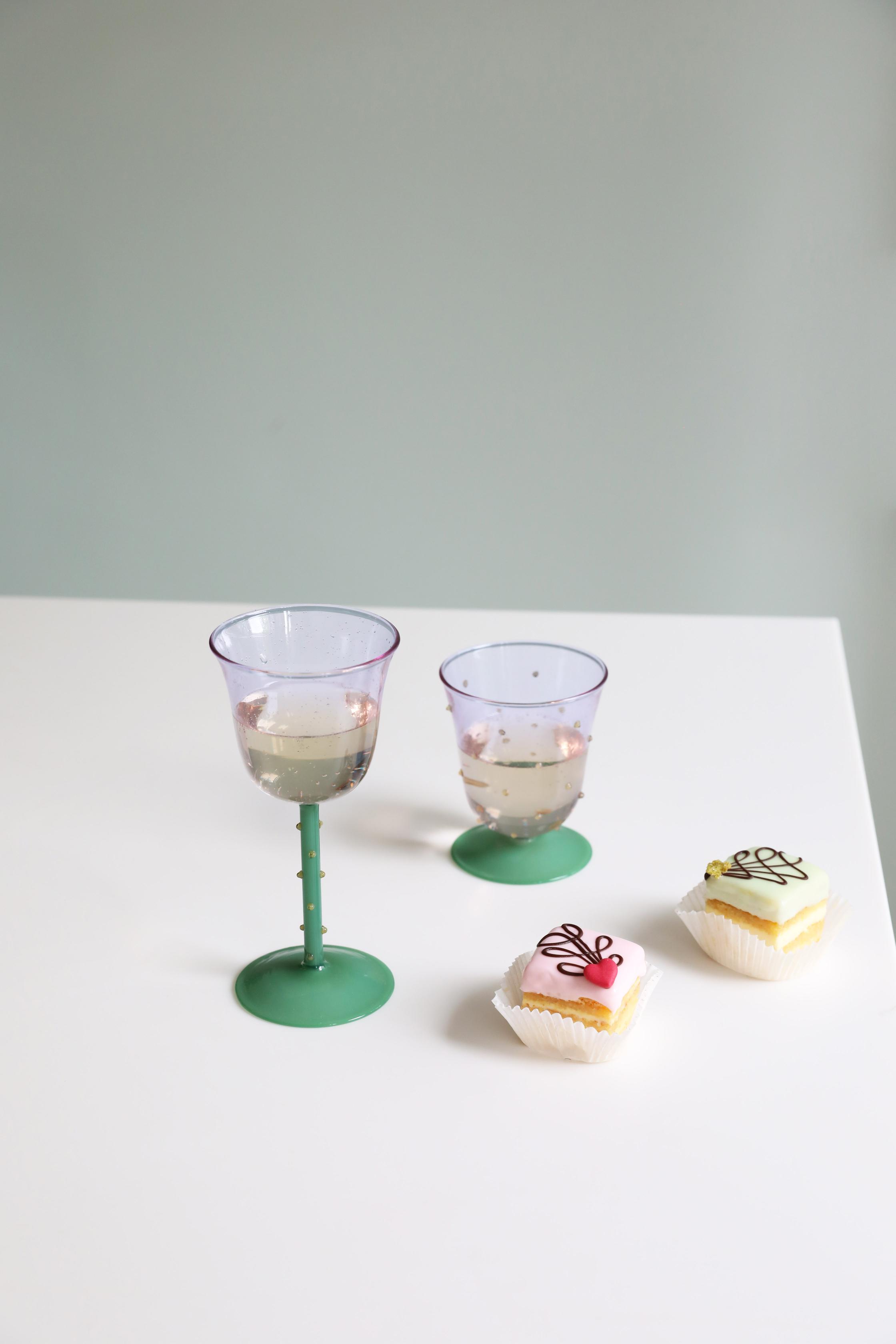 Set of Glass Goblets DOT Green with Purple